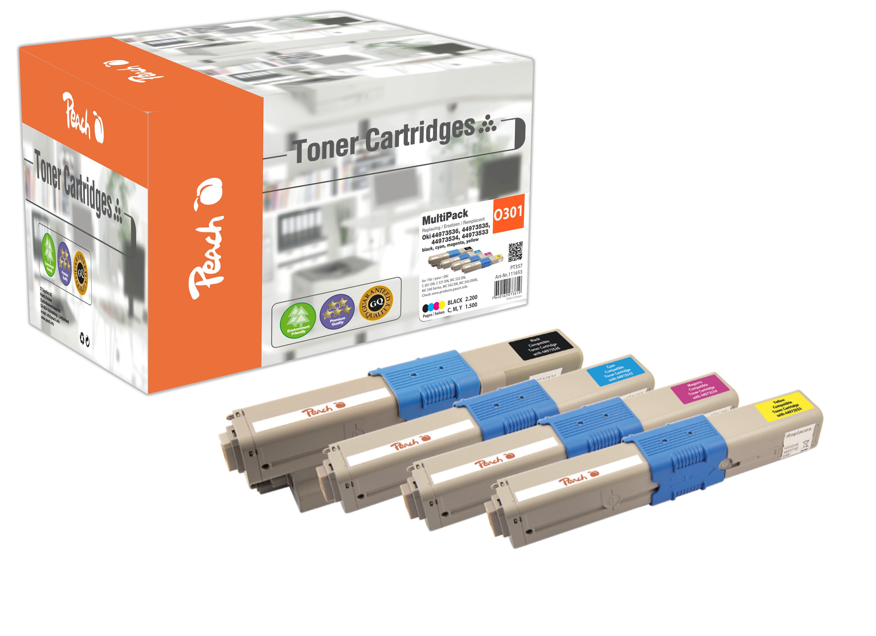 Peach O4496/47/97 4 Toner (bk, c/m/y) ersetzt OKI 44973533-6 für z.B. OKI C 301 DN, OKI C 321 DN, OKI MC 332 DN, OKI MC 340, OKI MC 342 DN (wiederaufbereitet)