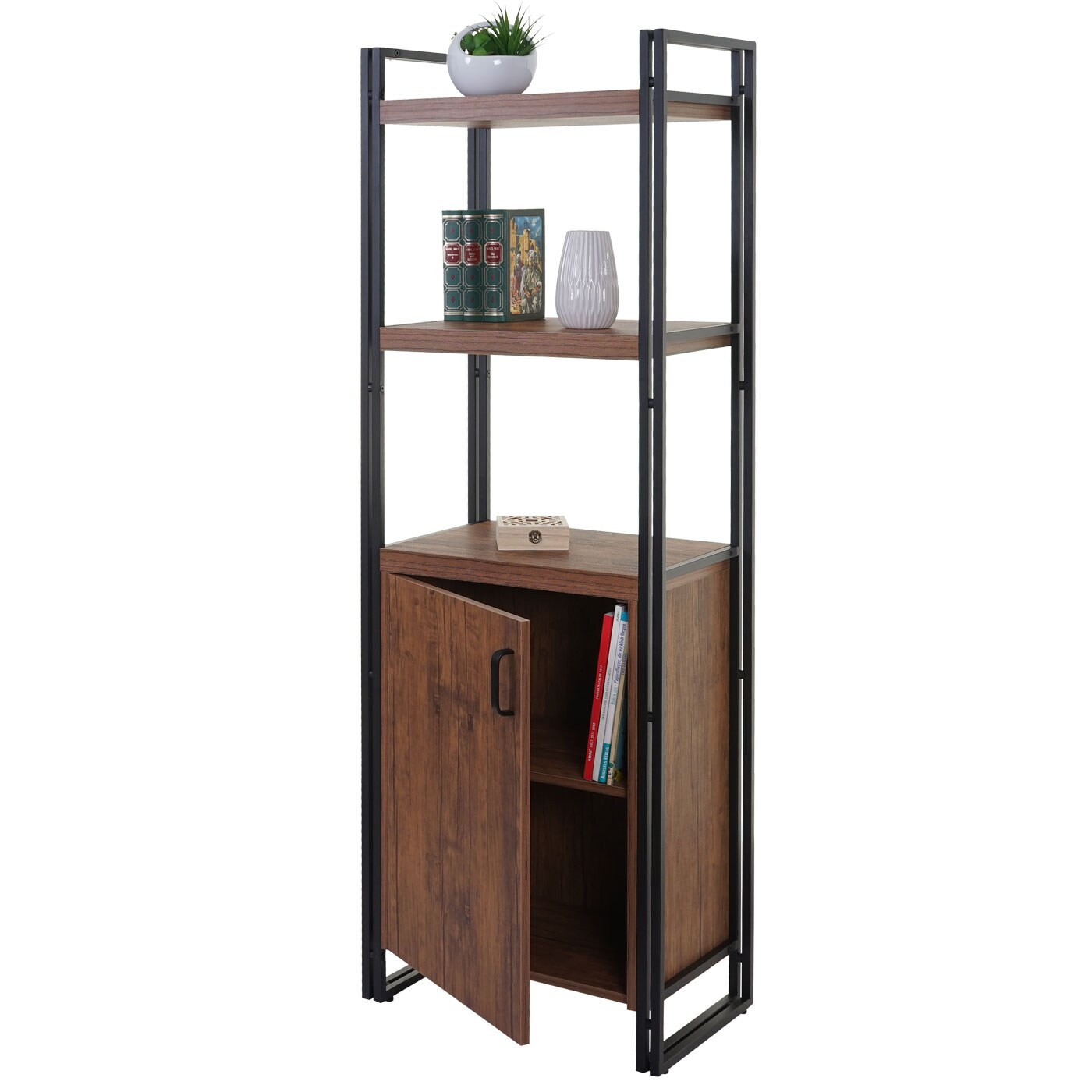 Bücherregal MCW-A27, Regal Standregal Wohnregal, Staufach mit Tür 165x55cm 3D-Struktur Wildeiche-Optik