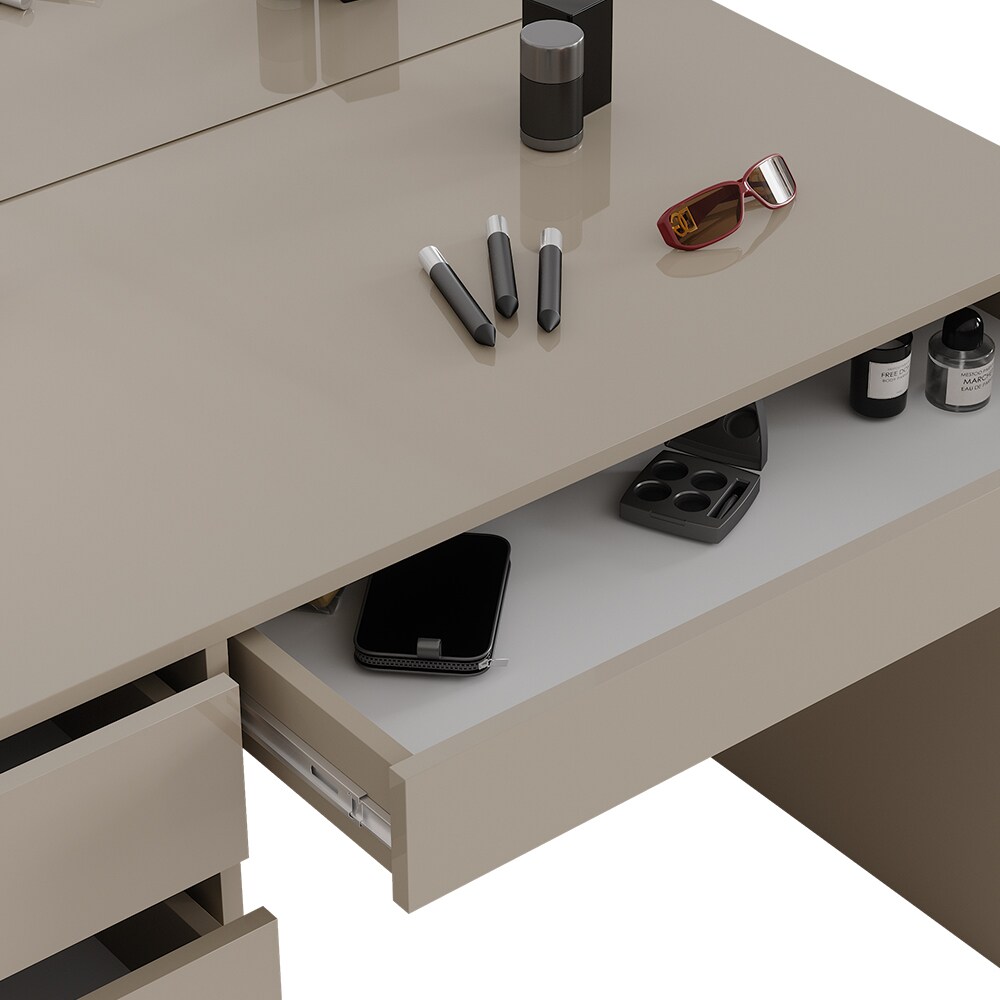 Vicco Schminktisch Sherry Greige Hochglanz 120 x 75 cm 5 Schubladen Spiegel Hocker