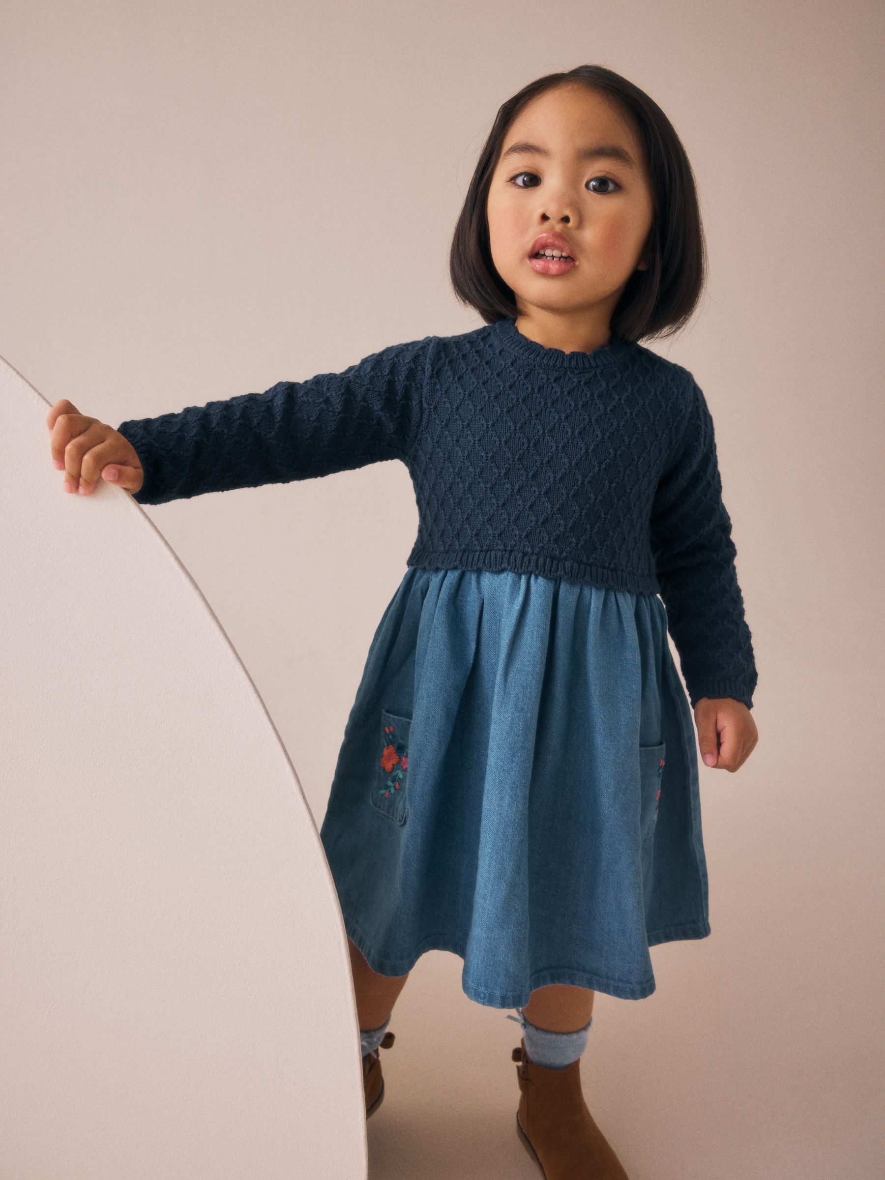 Blauw - Gebreide denim jurk (3mnd -7jr)