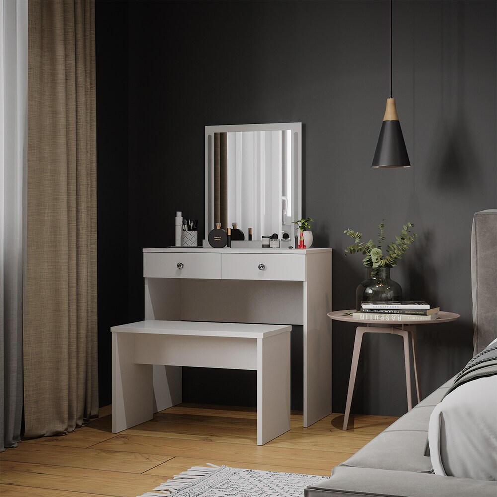 Vicco Schminktisch Frisiertisch Frisierkommode Elara Weiß LED Spiegel Sitzbank 80x79cm modern Schlafzimmer Kommode Schminkspiegel Schublade Ablage Aufbewahrung Kosmetiktisch Make-Up-Tisch