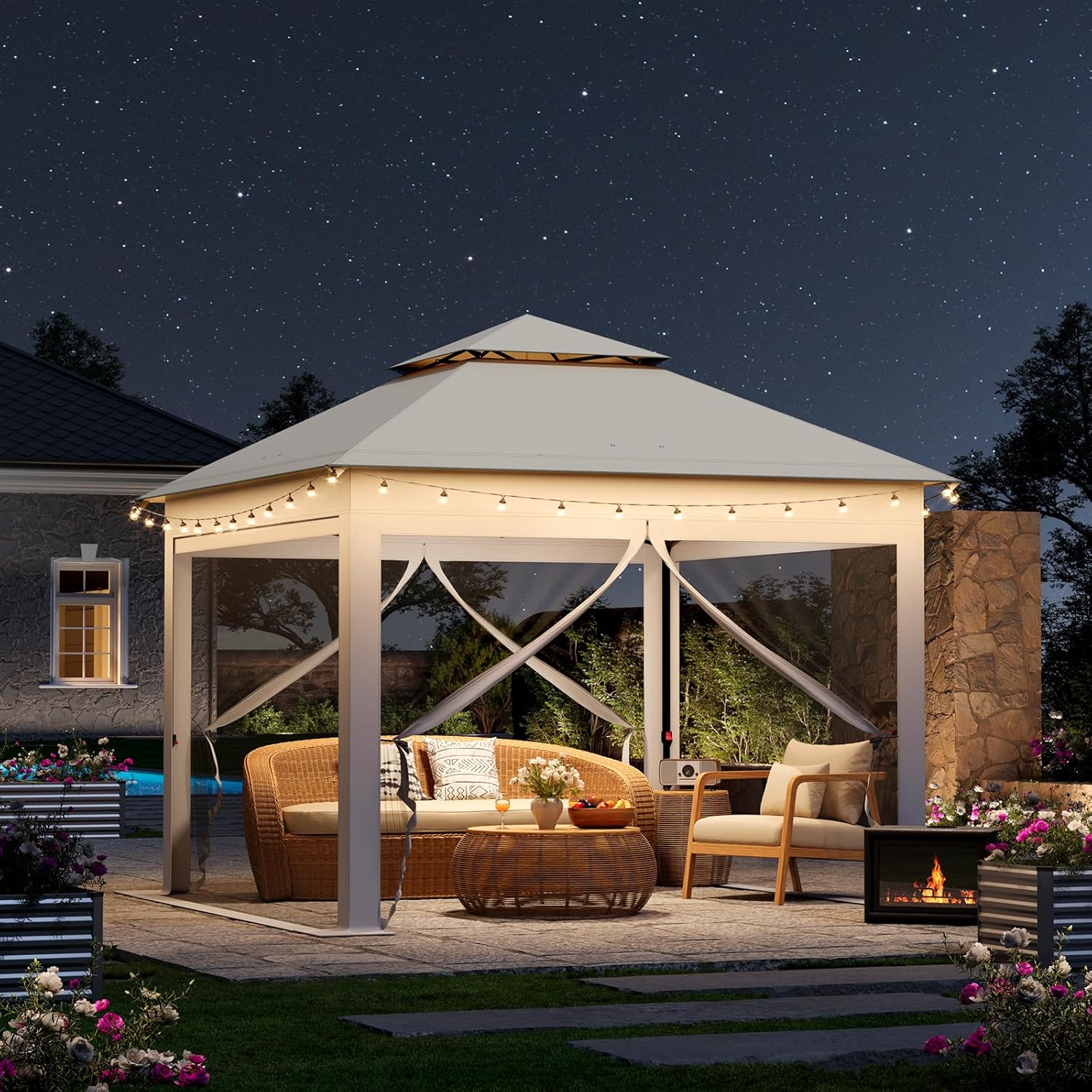 WOLTU Pavillon 3x3 m, Faltpavillon mit Moskitonetz, Partyzelt wasserdicht stabil, höhenverstellbares Partyzelt UV-Schutz, Gartenpavillon mit 4 Seitenteilen, Festzelt mit Tragtasche, Beige