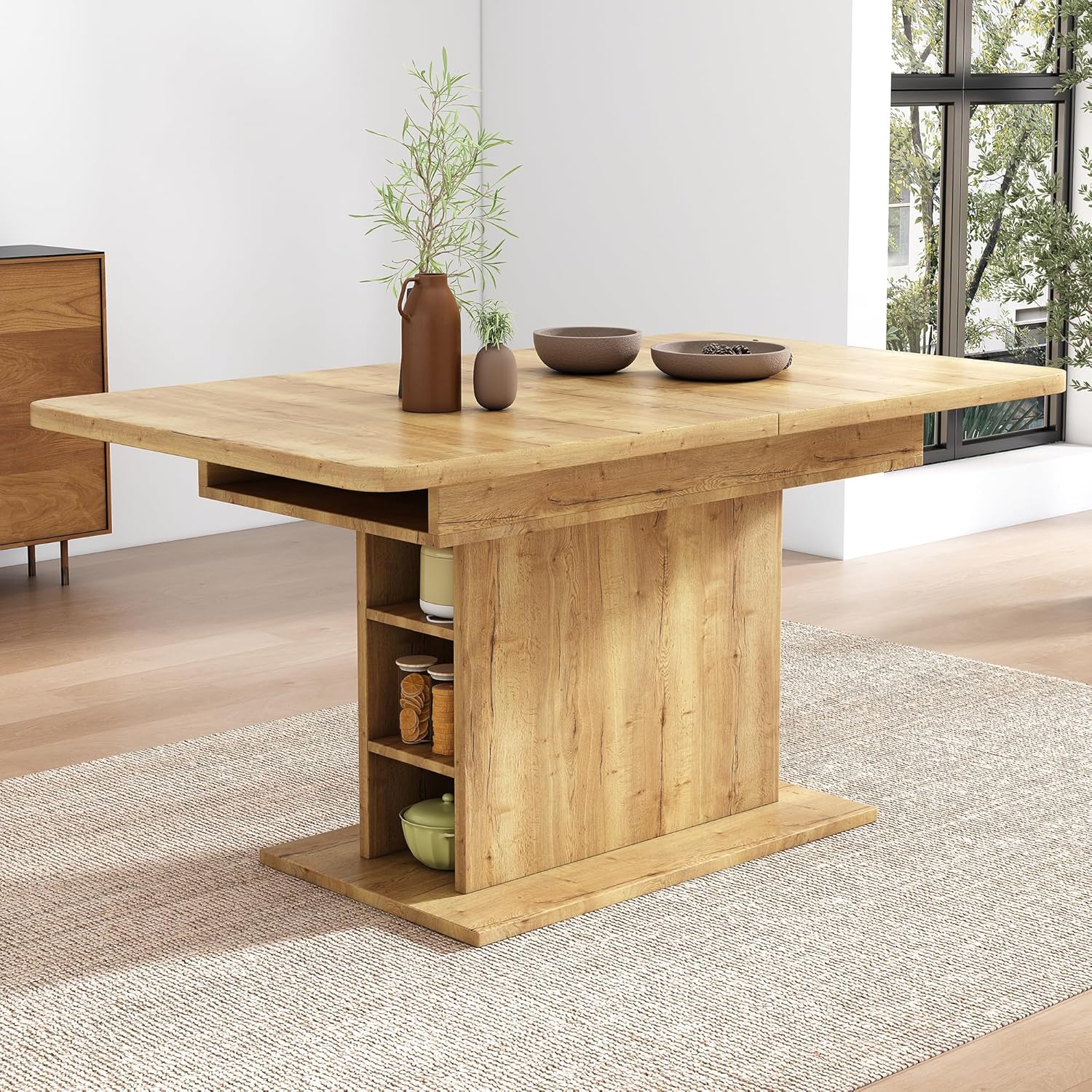 Merax Esstisch Holz, Ausziehbar Esszimmertisch mit Stauraum, Rechteckiger Küchentisch, für Wohnzimmer und Esszimmer, 110/130L x 70B x 75H cm, Natur