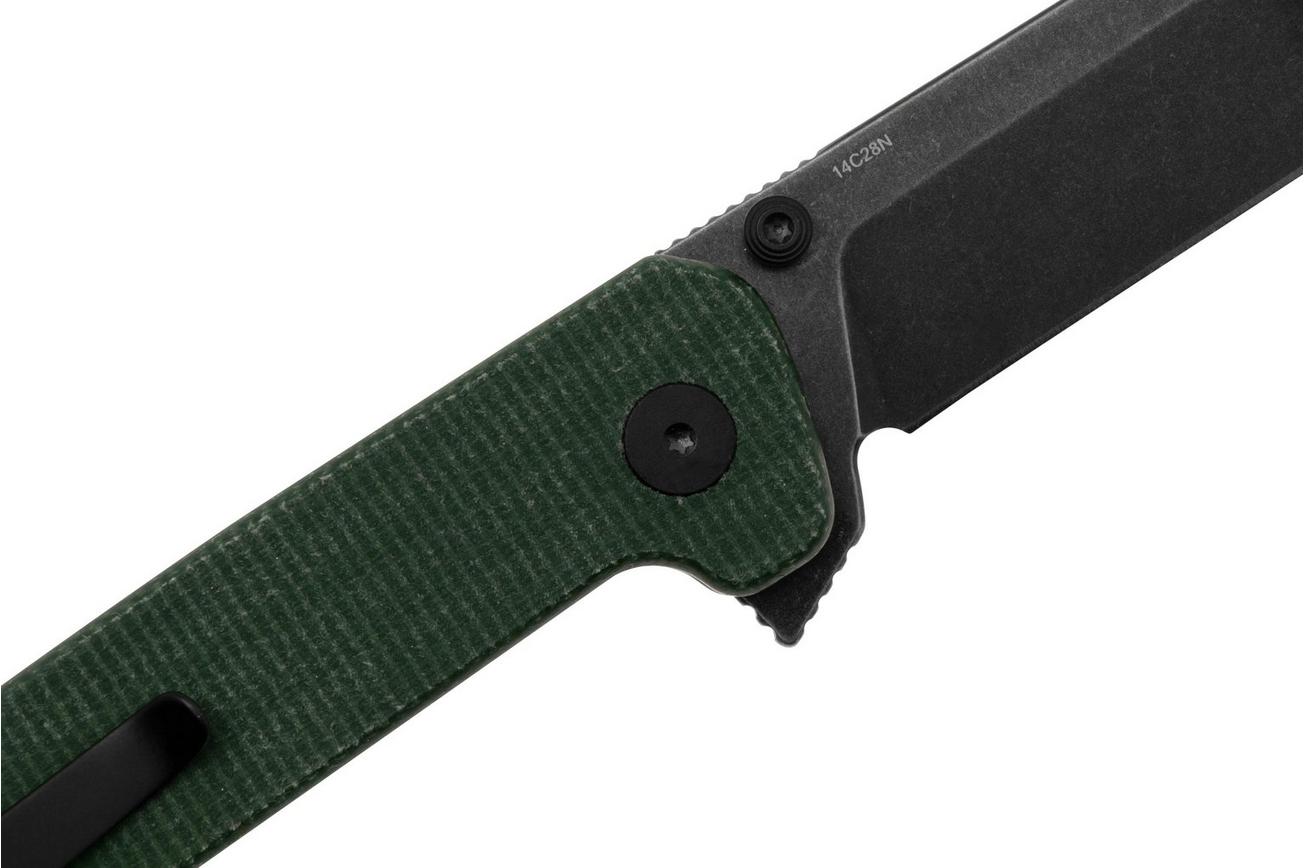 QSP Knife Penguin Button Lock QS130BL-C2 Black, Green Micarta, zakmes