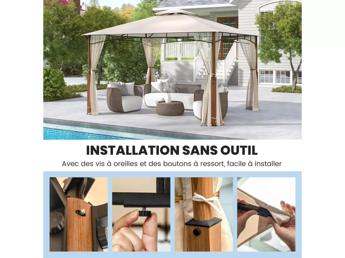 Tonnelle de Jardin 360 x 300 CM avec Moustiquaire, Pavillon de Patio Extérieur avec Toit à 2 Niveaux Cadre Métallique, Tente Gazebo à Toit Imperméable pour Pelouse Terrasse, Beige