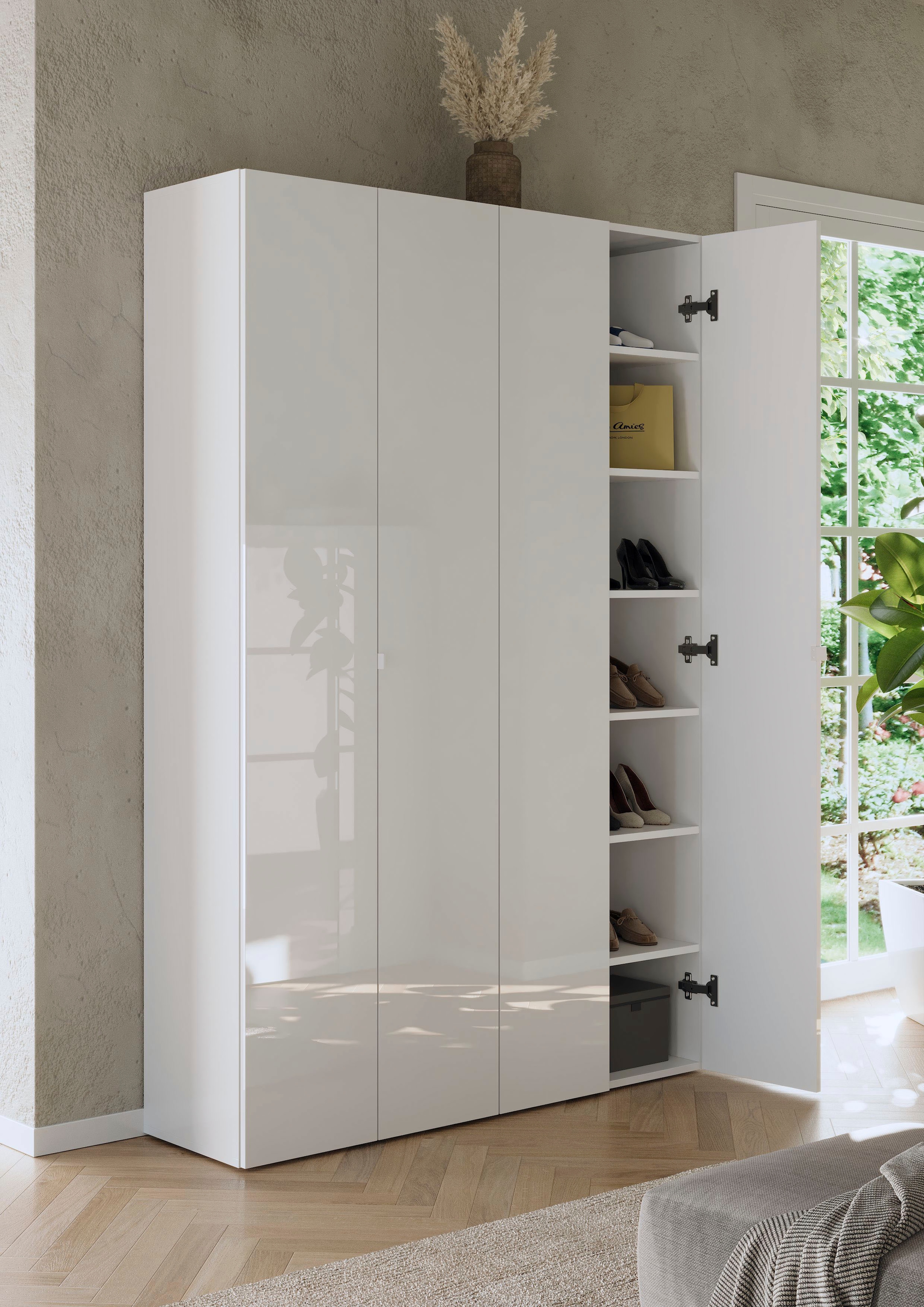 INOSIGN Schuhschrank »SMILE Breite 124 cm, Höhe 184 cm, Schuhregal mit 7 Ebenen, 14 Fächer« Schuhkommode in Weiss Hochglanz Lack, 2 Metallgriffe