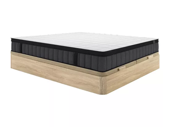 Ensemble 180 x 200 cm sommier coffre naturel clair + matelas hybride ressorts ensachés 7 zones et gel à mémoire de forme ép.25cm - TOLCA de YSMÉE