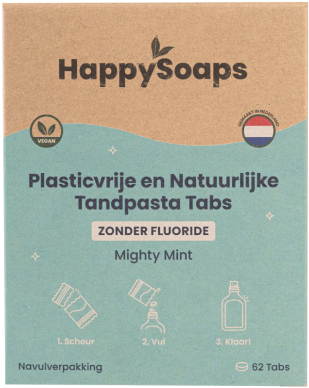 HappySoaps Tandpasta Tabs zonder Fluoride Navulverpakking 62 tabletten