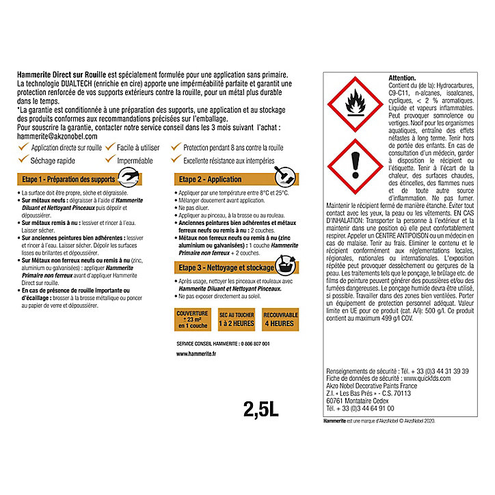 Peinture extérieure métal direct sur rouille Hammerite satin noir 2,5L