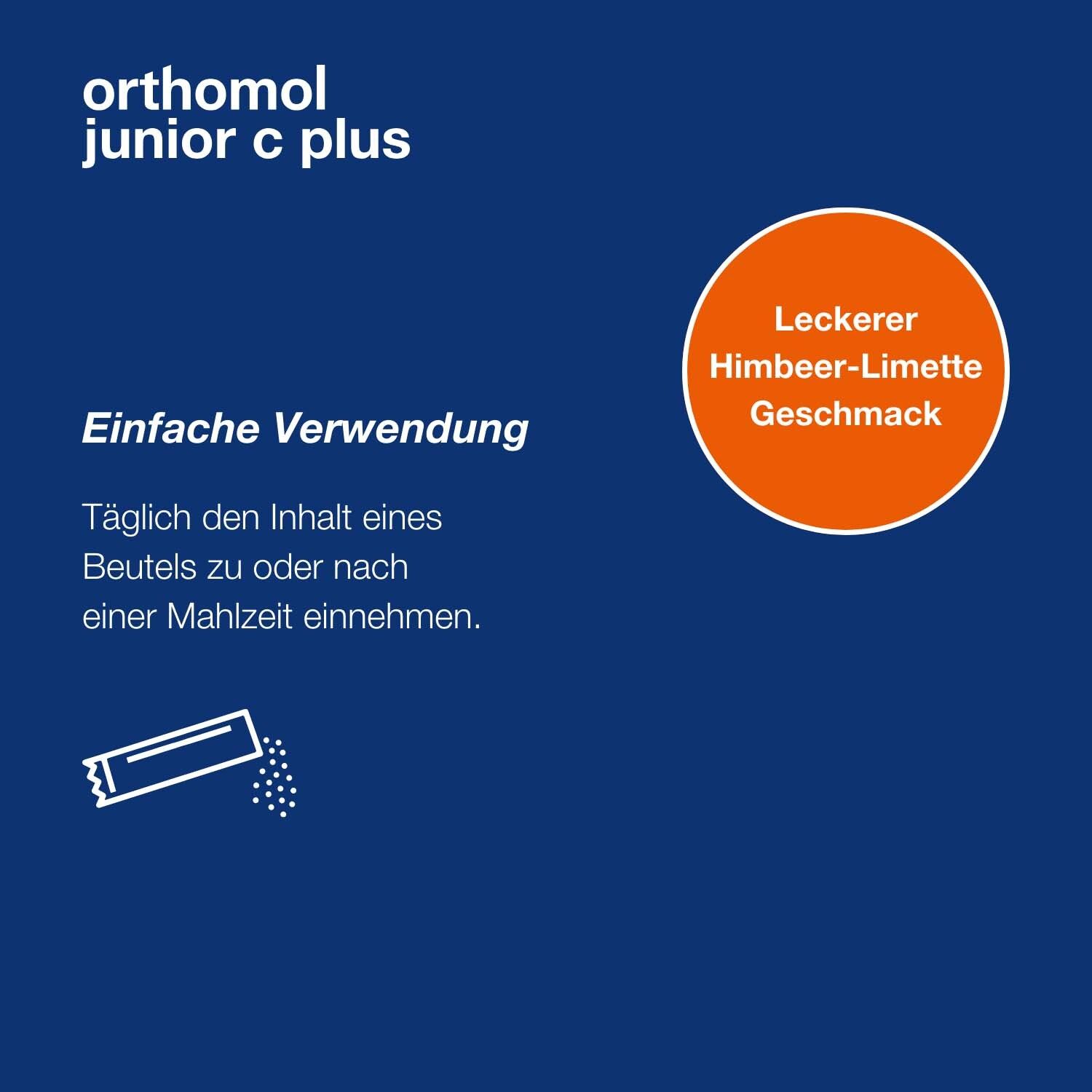 Orthomol junior C plus - mit Vitamin C als Beitrag zu einer normalen Funktion des Immunsystems - Himbeer/Limetten-Geschmack - Direktgranulat