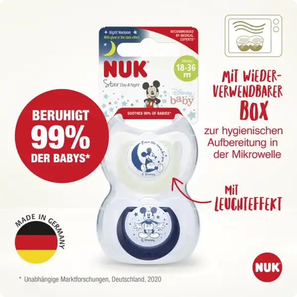 Disney Mickey Mouse Star Day & Night Silikon-Schnuller, 18-36 Monate