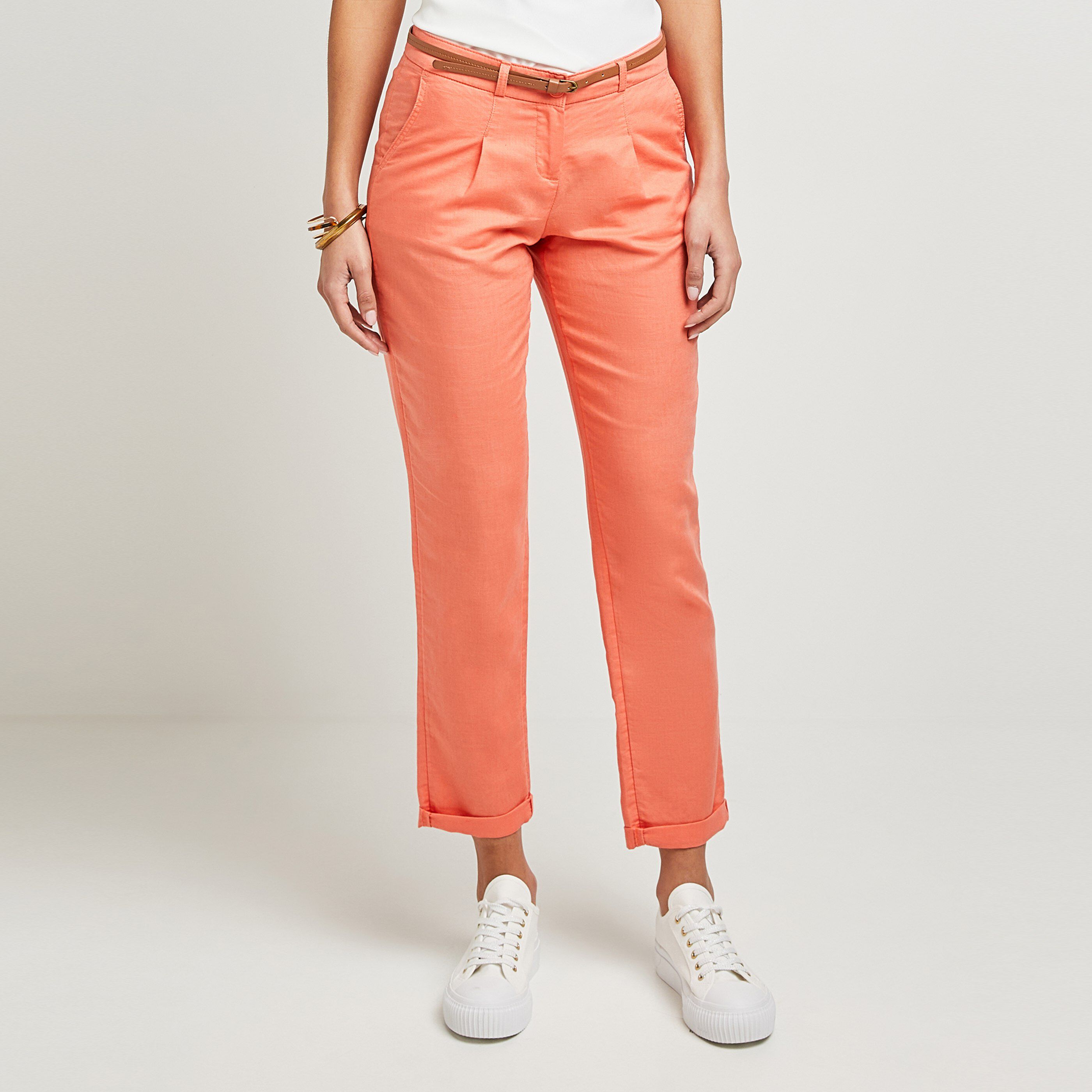 Chino lin mélangé femme - ORANGE