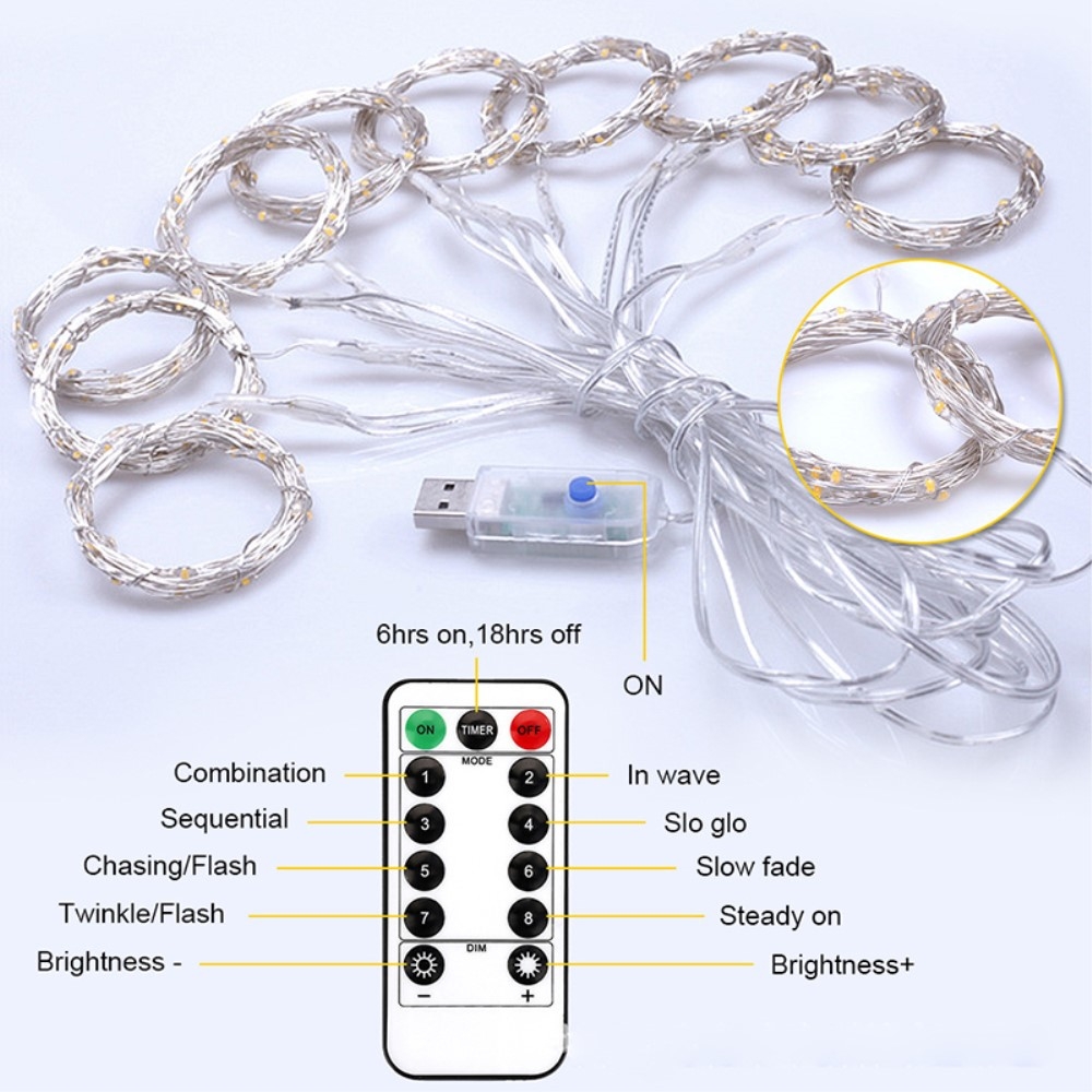 (3x2m) 200 LED's Deko USB Draht Lichterkette Vorhang Beleuchtung 8 Modi   Fernbedienung - Kaltweiss
