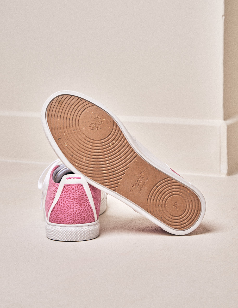 Baskets basses Renée - Cuir blanc et suède floral rose