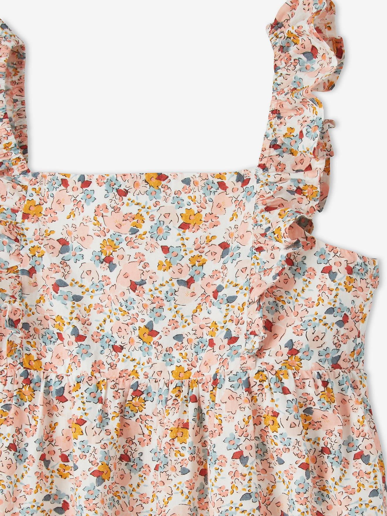 Vestido longo de alças finas com babados, para meninas, estampa amarelo escuro.