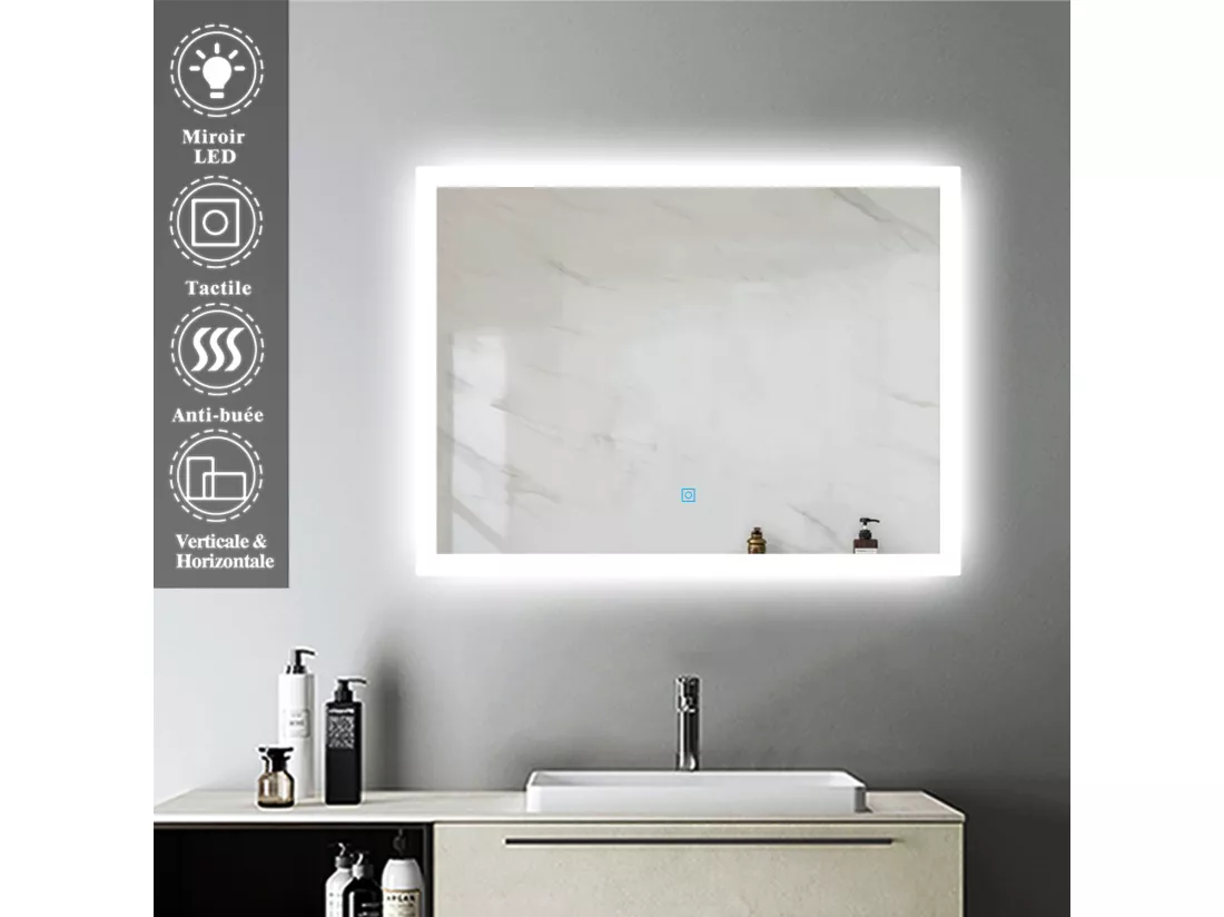 Miroir Lumineux LED Miroir de Salle de Bain Anti-buée Vertical/Horizontal 70 * 50cm Aica