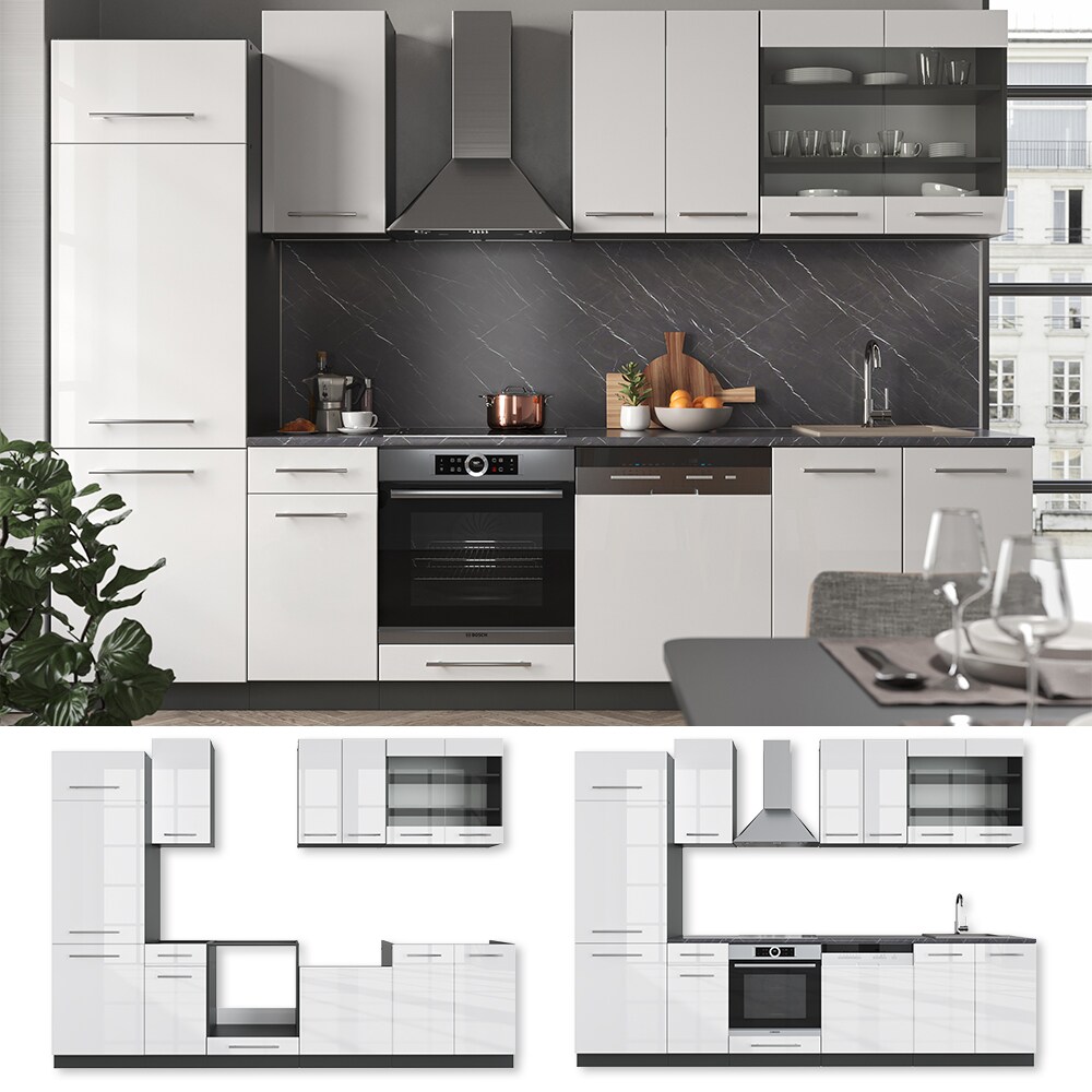 Vicco Küche Fame-Line 300 cm Küchenzeile Küchenblock Einbau Weiß Hochglanz