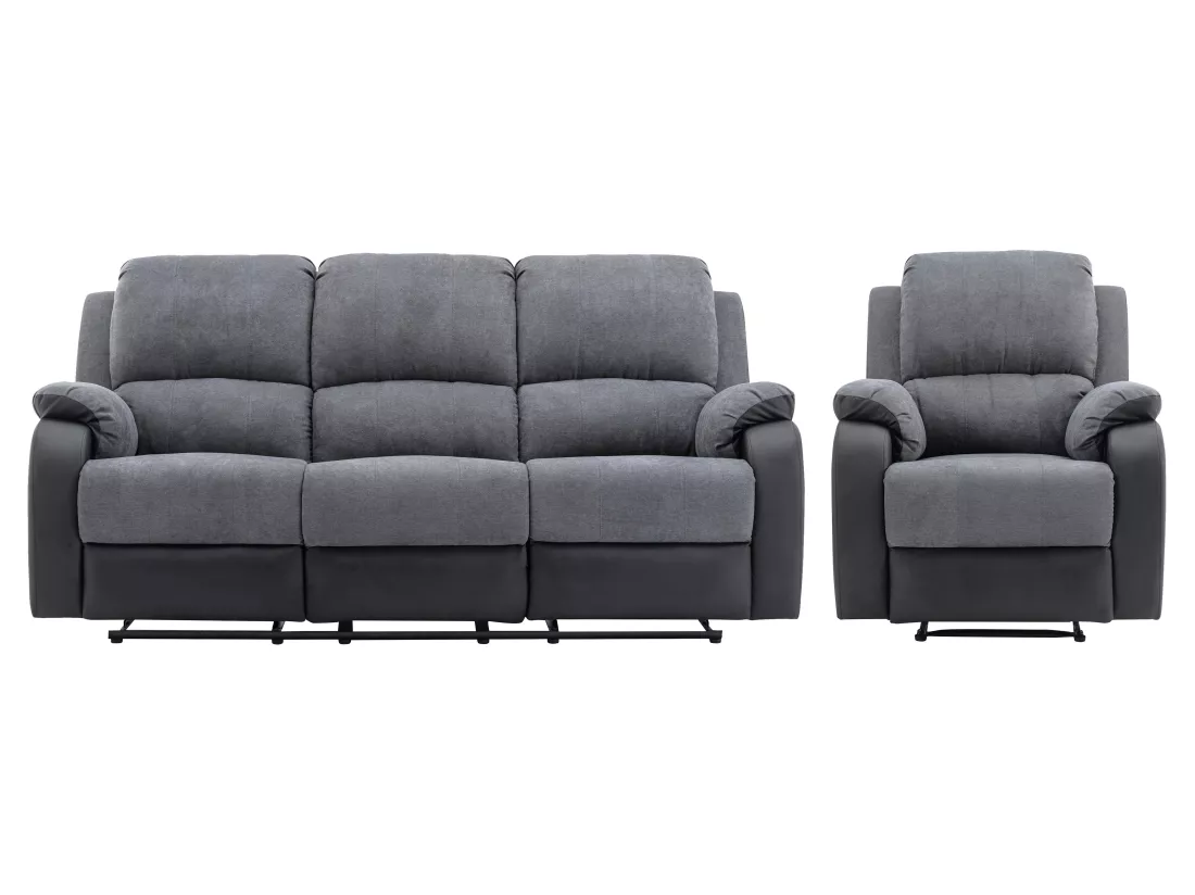 Canapé 3 places et fauteuil relax en microfibre et simili gris et noir BRODY