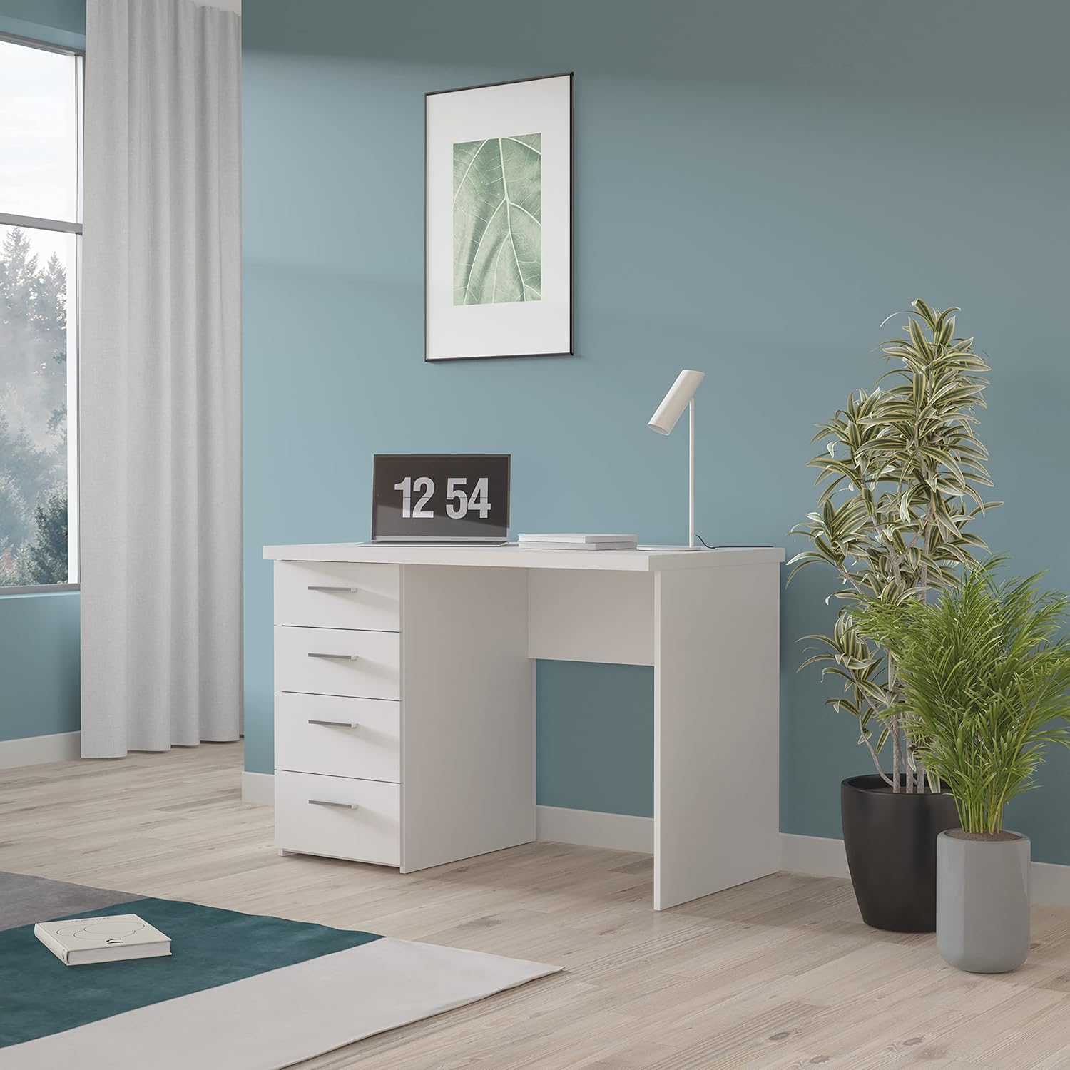 FORTE Net 106 Schreibtisch mit 4 Schubladen, Holzwerkstoff, Weiß matt, B x H x T: 110 x 76.5 x 60 cm