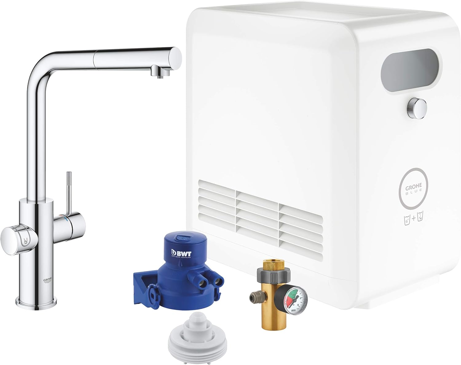 GROHE Blue Professional, Küchenarmatur mit Sprudel-, Kühl- & Filterfunktion (Wasserhahn für gefiltertes, kühles und sprudelndes Trinkwasser, herausziehbarer Auslauf, mit CO2 Flasche) chrom, 31326002