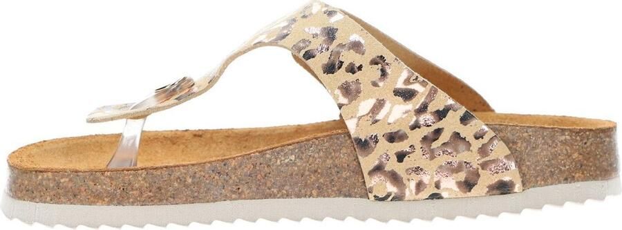 Develab 48202 leren teenslippers met panterprint beige goud
