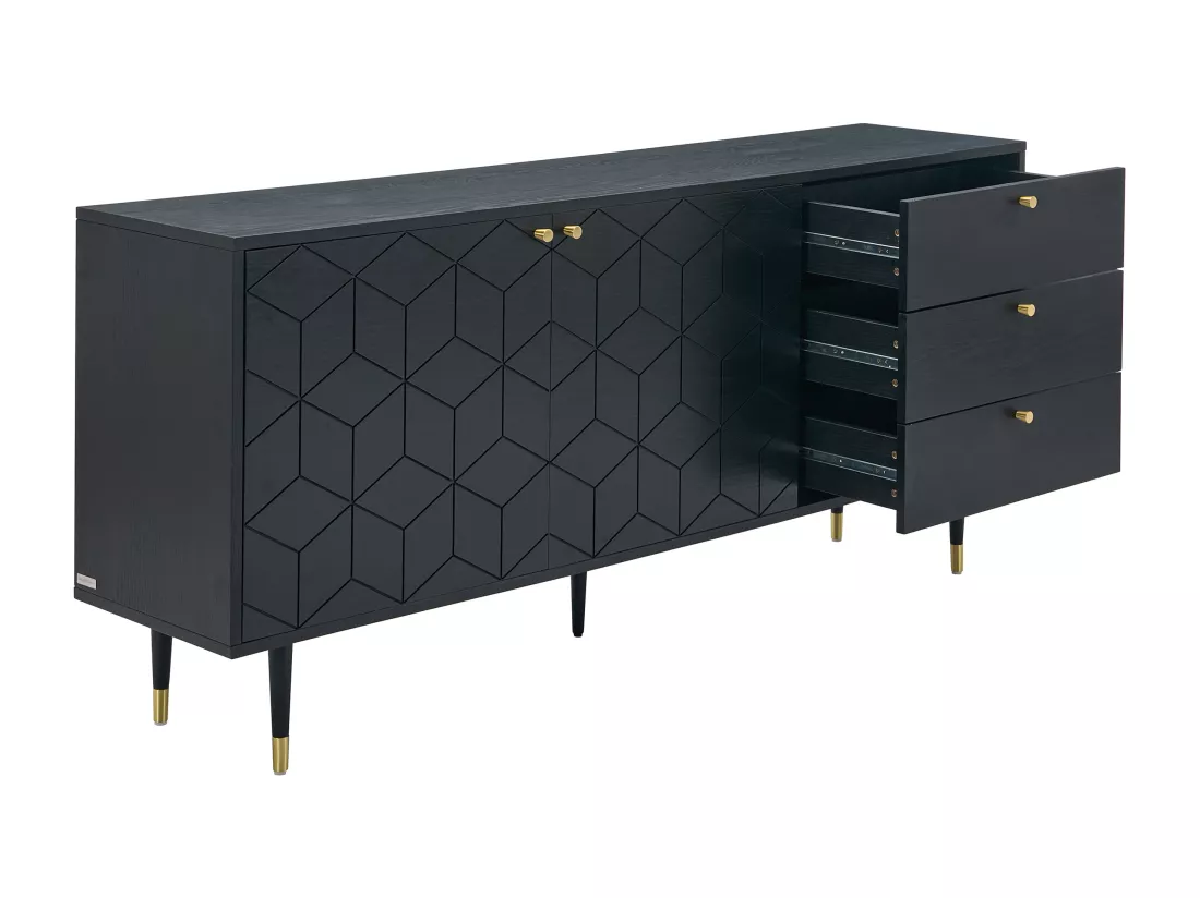 Buffet avec 2 portes et 3 tiroirs placage chêne - Noir et doré - PARIOMA