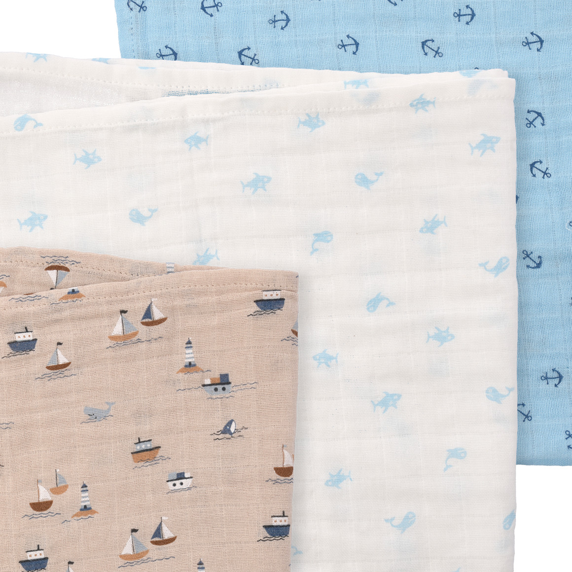 Topomini 3 Musselintücher 60 x 60 cm blau / beige / weiss