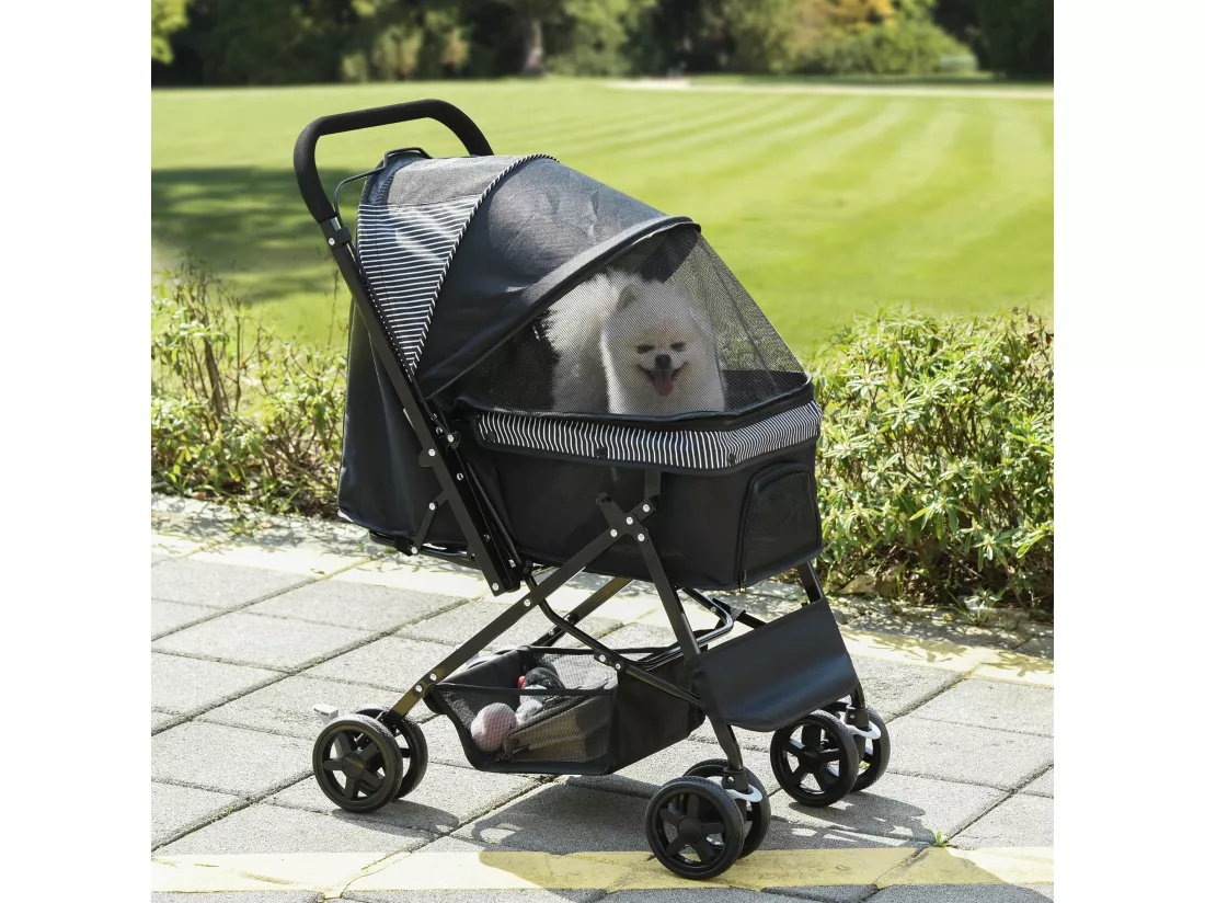 Poussette buggy pliable chien chat panier et sac de rangement attaches sécurité housse réglable poignée réglable acier Oxford noir
