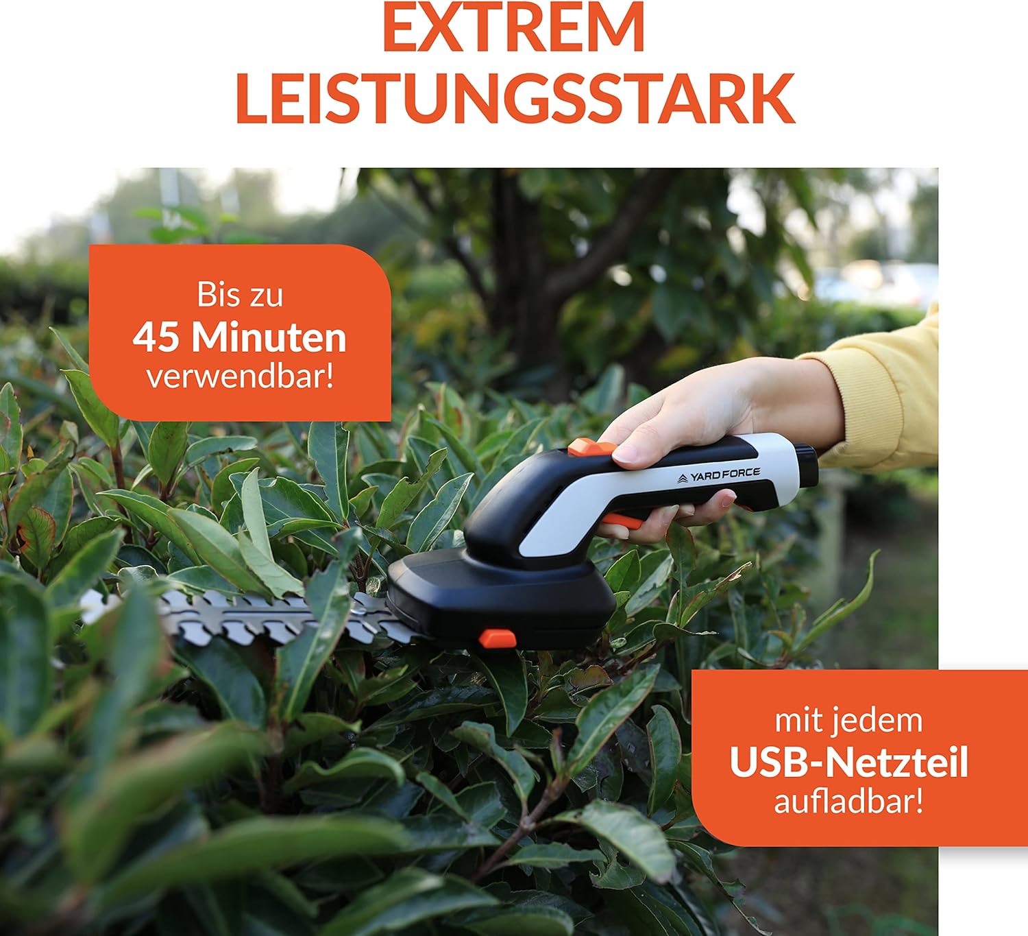 Yard Force VITA Gartenwerkzeug Set 6-teilig inkl. Koffer I Elektrische Grasschere mit 4Ah Akku & Ladegerät I Hochwertige Gartengeräte für kleine Gärten und Balkon