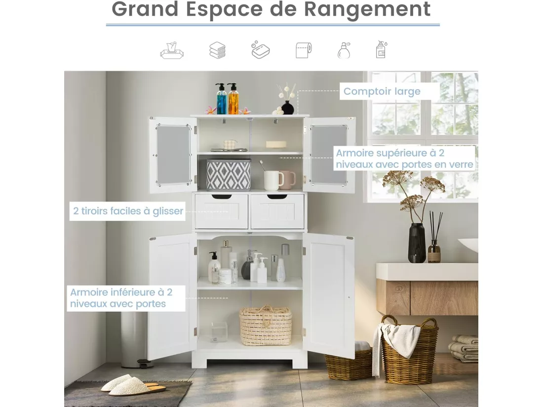 Colonne Salle de Bain 60 x 30 x 128 cm Armoire Haute avec Étagères Réglables pour Salon, Cuisine, Blanc