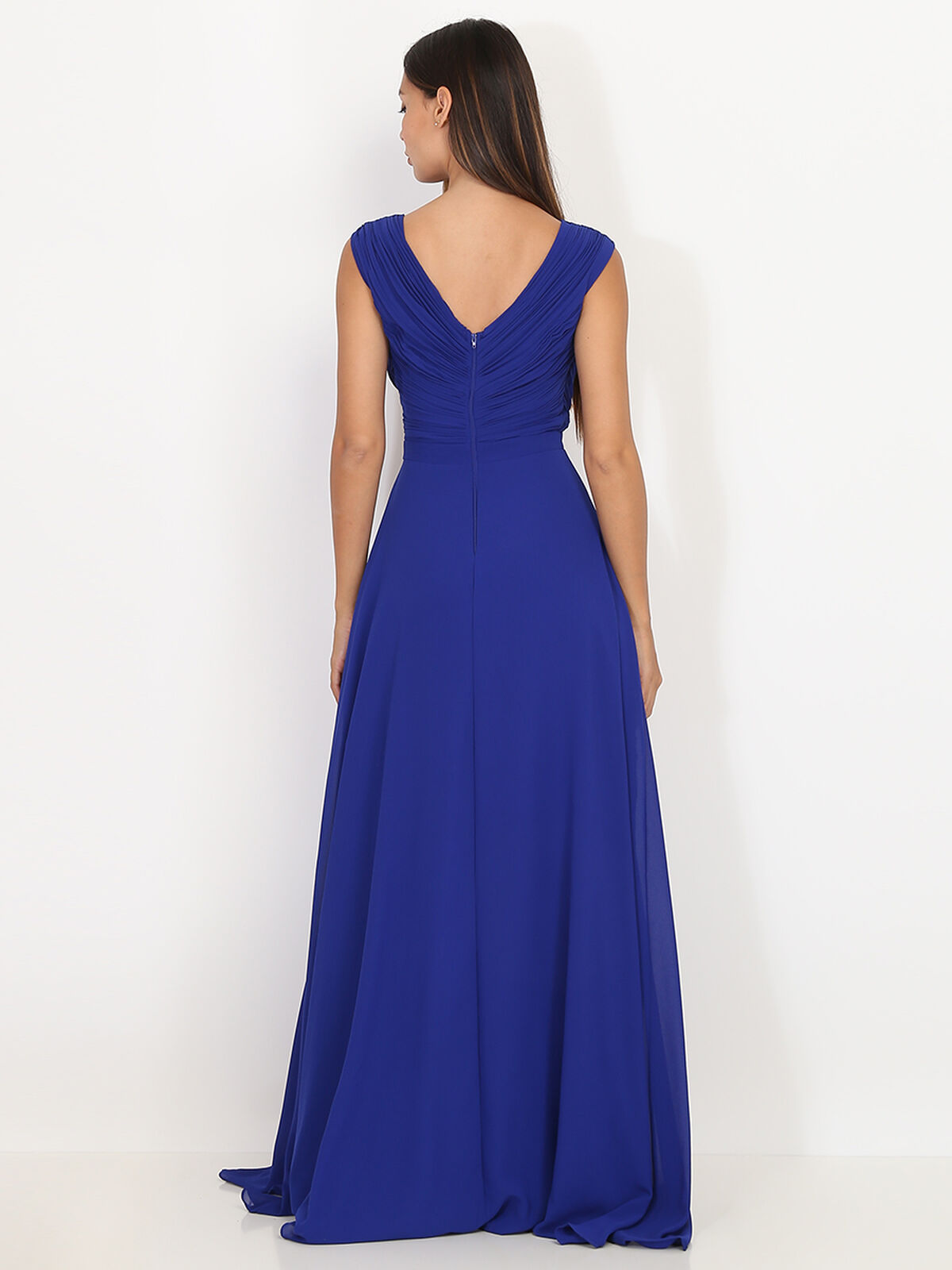 Robe longue drapée avec fente- Bleu