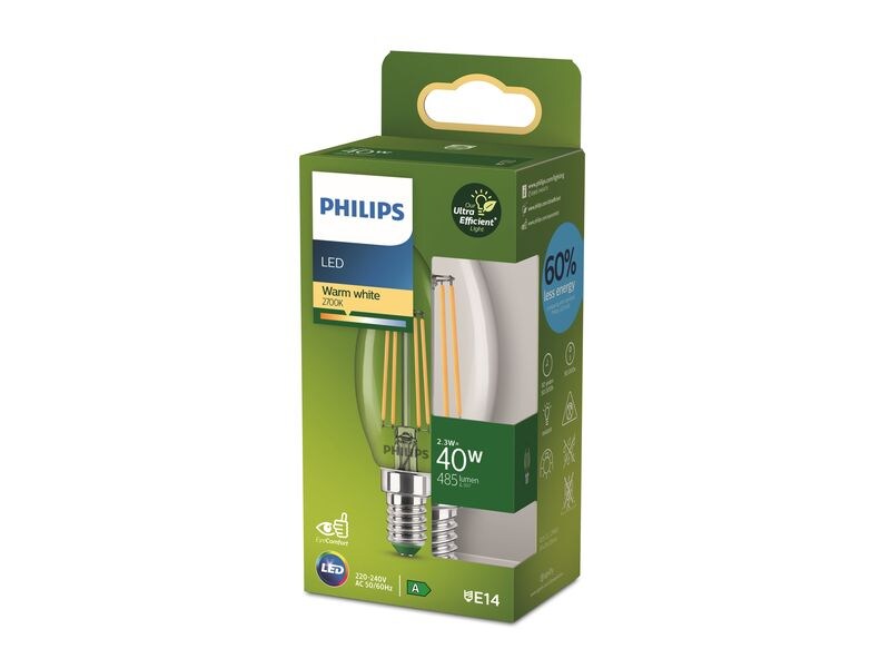 Philips Lampe Classic Eng. A, 40W, E14, Klar, Kerze Neutral Leuchtmittel B35 mit klarem Glas