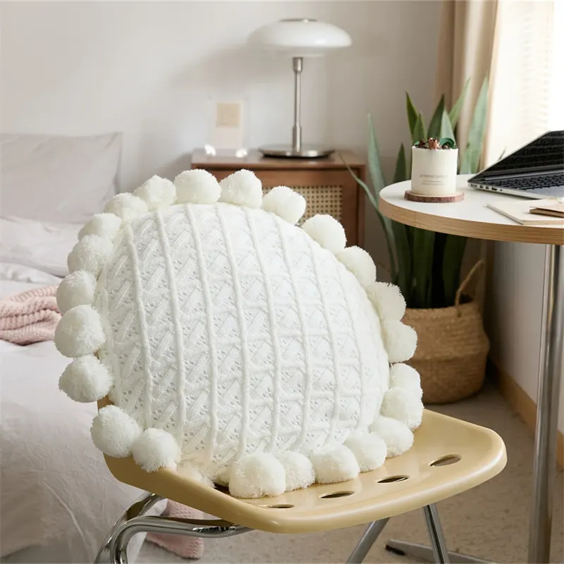 (Ø50cm) Boden Strick Kissen Weiche Boho Home Deko Sitzpolster mit Pompon's - Weiss
