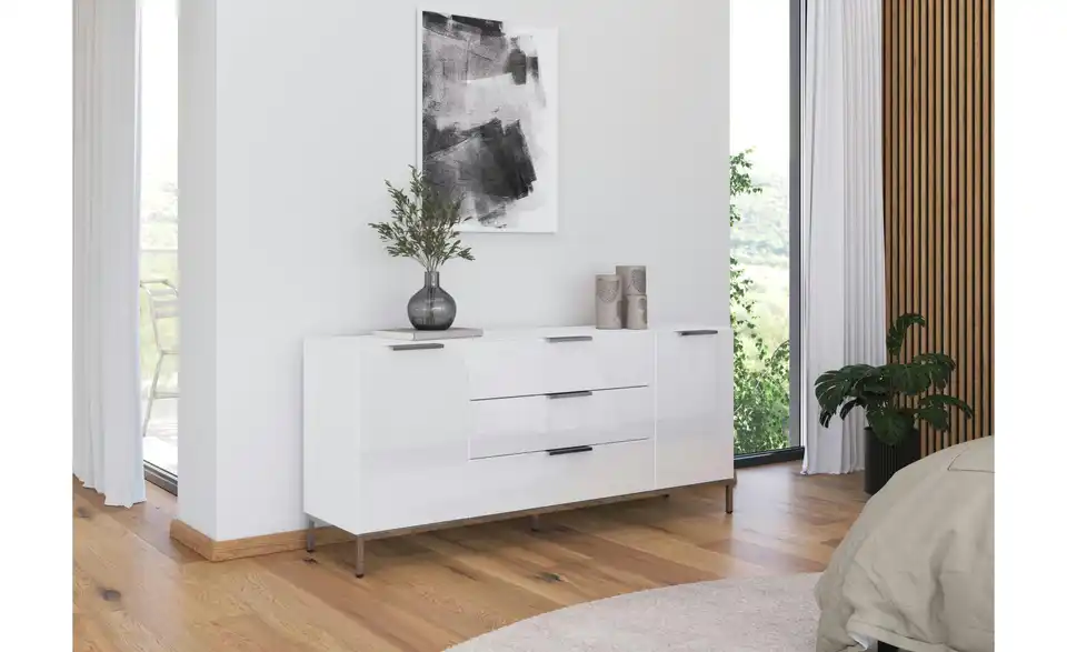 Sideboard Weiß Front: Glas, Oberboden: Glas verchromt