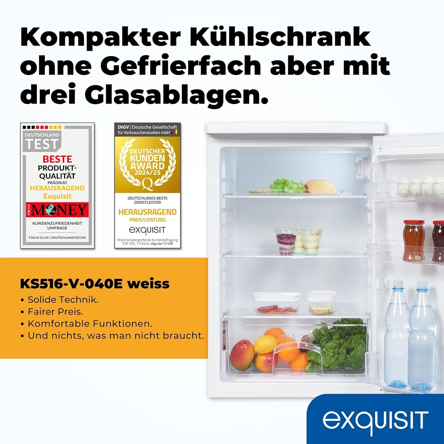Exquisit Vollraumkühlschrank | 127 l Nutzinhalt, Energieklasse E, 39 dB(A) | kompakte Bauform, LED-Beleuchtung, Glasablagen, Gemüseschublade, manuelle Temperaturregelung | KS516-V-040E weiss