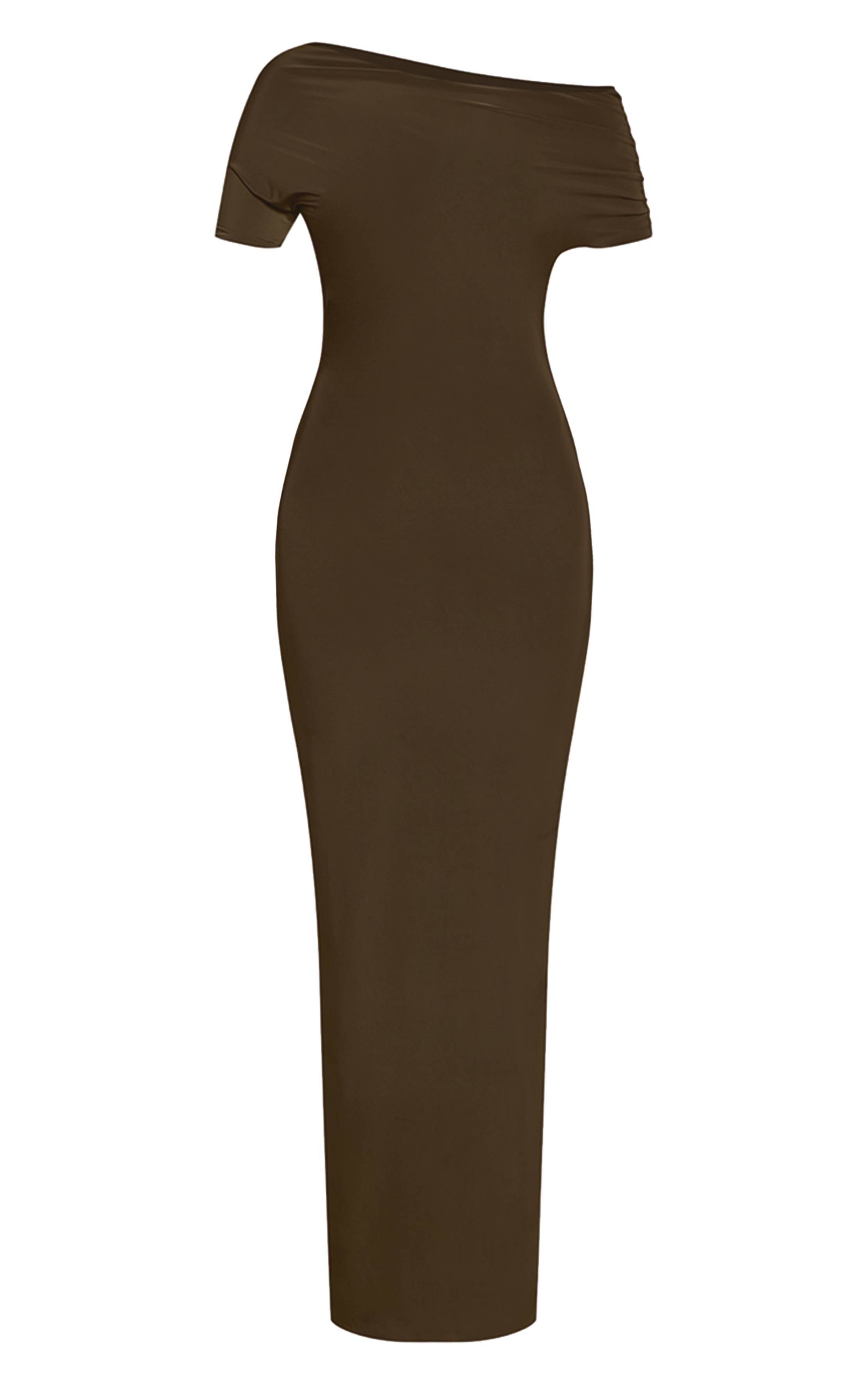 Vert Olive Robe Longue Asymétrique À Manches Froncées En Tissu Soyeux Double Épaisseur
