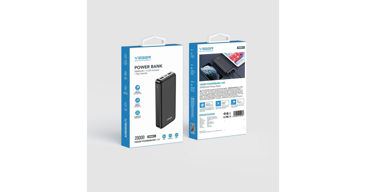 VEGERA20 powerbank 20.000 mAh  (Zwart)