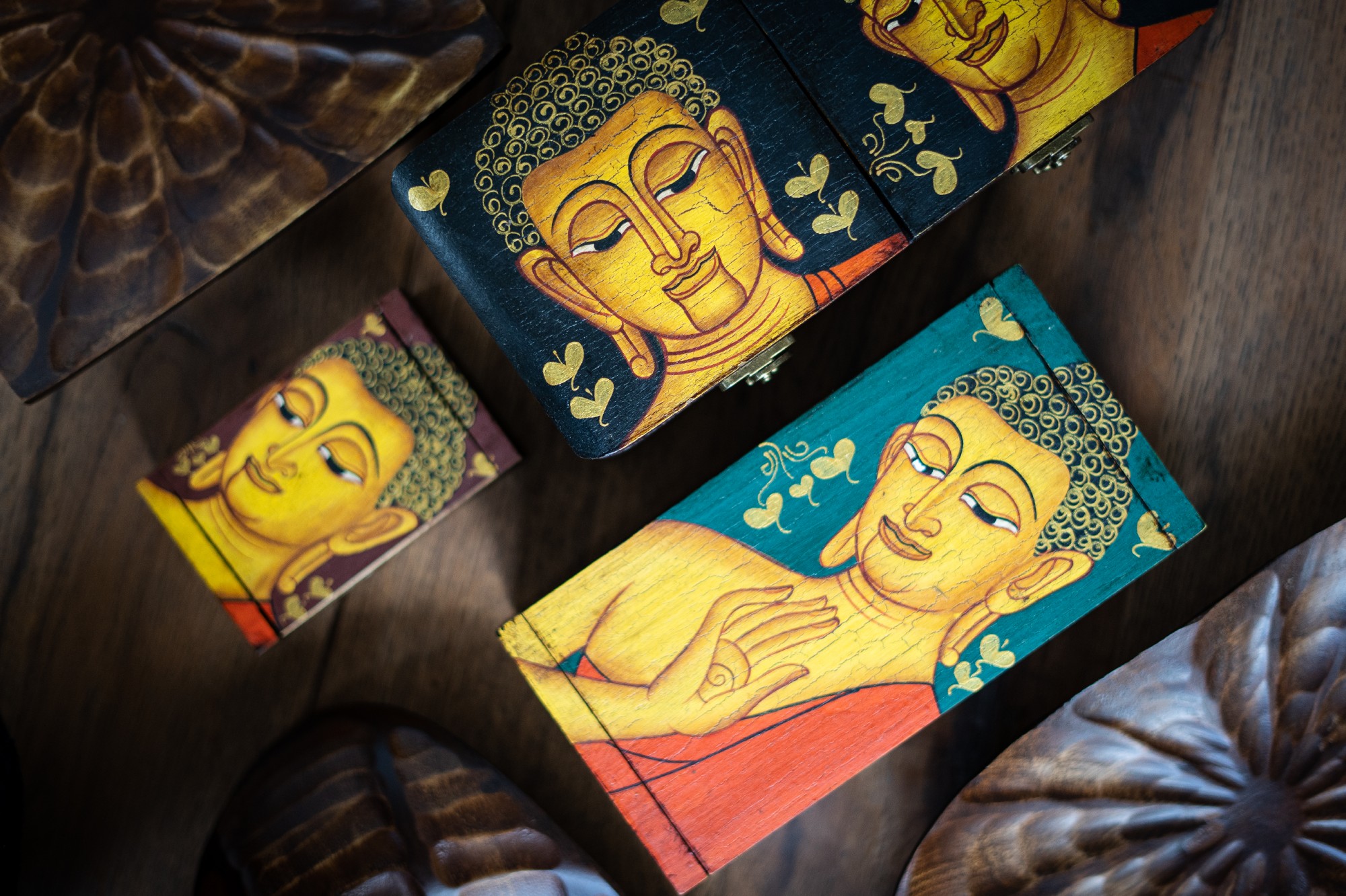 Doppel-Holzschatulle 'Buddha blau', Teak, L 11 cm, B 24 cm, H 9 cm von fischer's lagerhaus