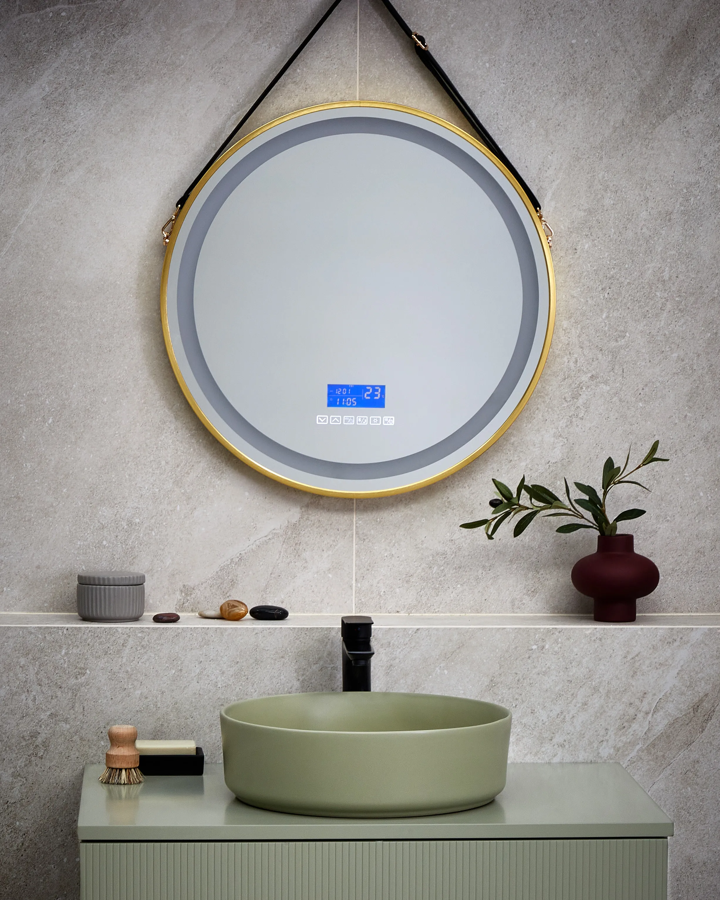 LED badkamerspiegel DAROIS 60 cm 60 cm met ingebouwde Bluetooth speaker Goud