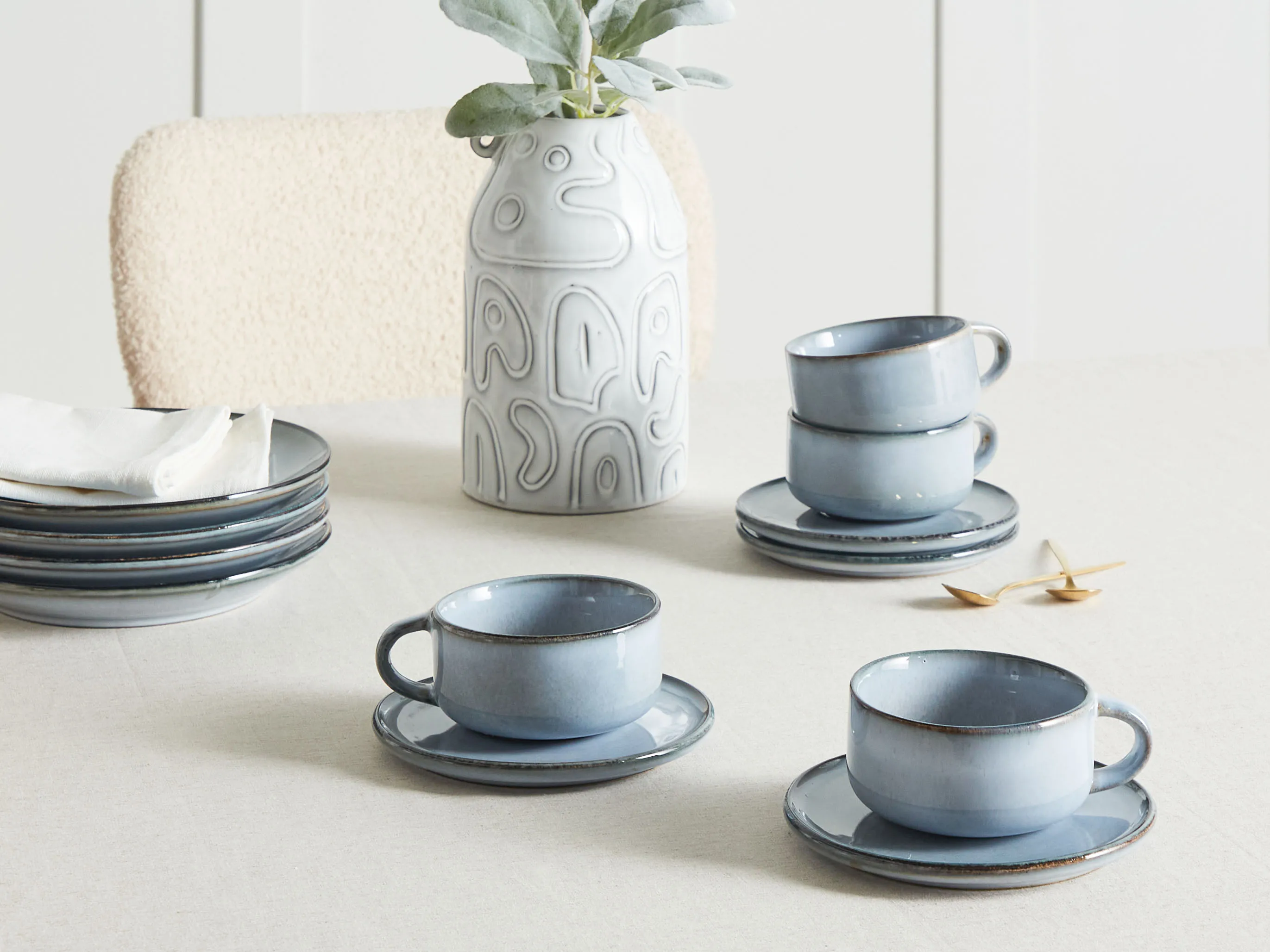 Set van 4 kopjes met schotels JUNIPER Steengoed Lichtblauw