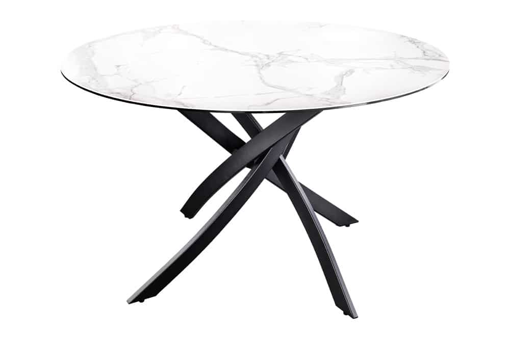 Runder Esstisch ALPINE 120cm weiß Marmor Keramik schwarzes Metallgestell