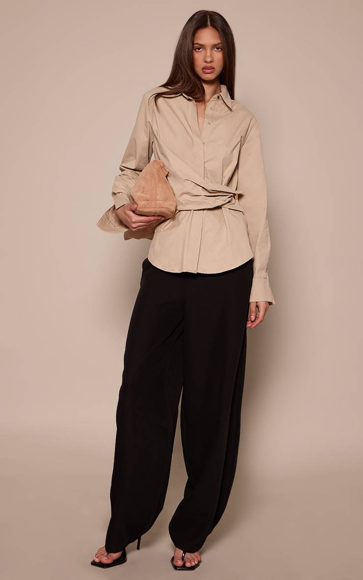 Sable Chemise Oversize En Coton Avec Détail Drapé Et Finitions Contrastées