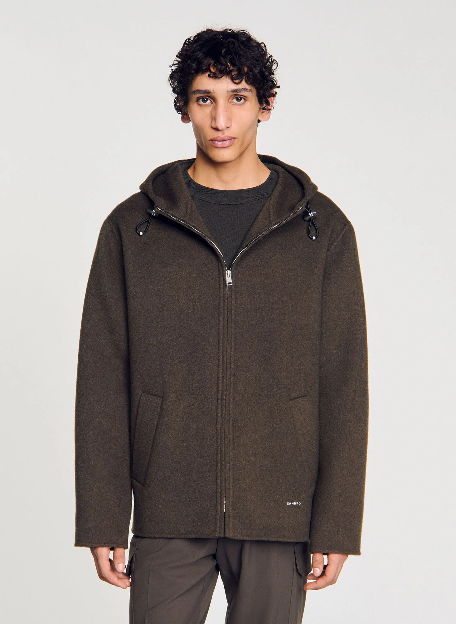 Manteau court à capuche en laine mélangée | Kaki