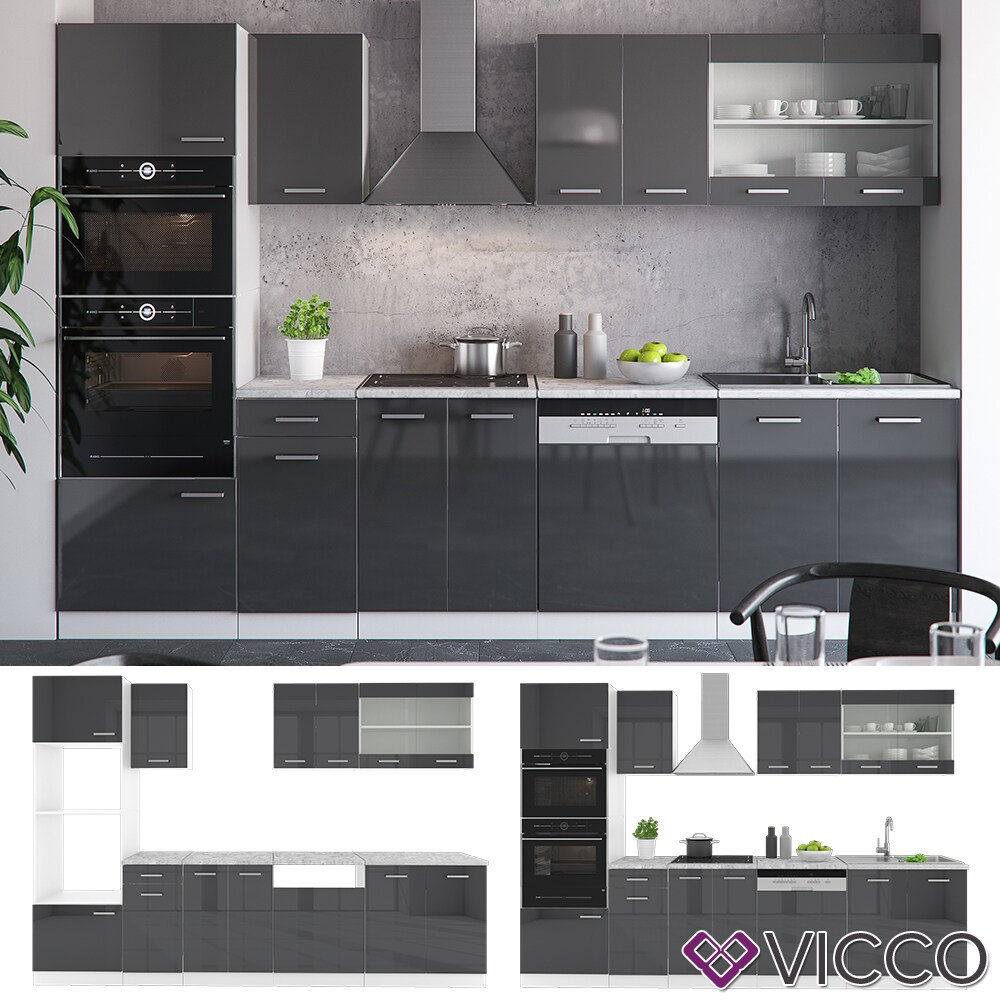 VICCO KÜCHE R-LINE 300CM KÜCHENZEILE KÜCHENBLOCK EINBAUKÜCHE ANTHRAZIT HOCHGLANZ