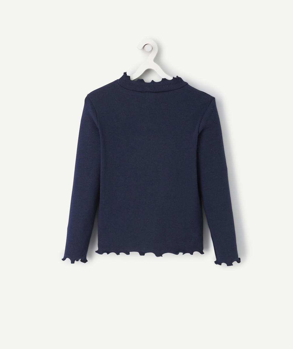 SOUS-PULL CÔTELÉ FILLE EN COTON BIO MARINE AVEC FESTONS