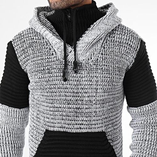 Pull A Capuche Gris Chiné Noir