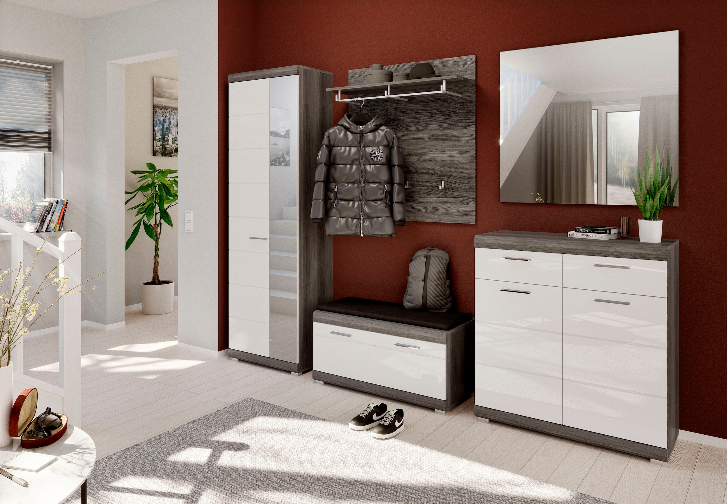 INOSIGN Garderobenschrank »SIENA, Höhe 197cm, 2 Türen,  4 Einlegeböden, ausziehbare Kleiderstange« hochwertige Rillenfräsung in MDF Front, 1 Stk. tlg. Stauraumschrank, Flurschrank, Dielenschrank