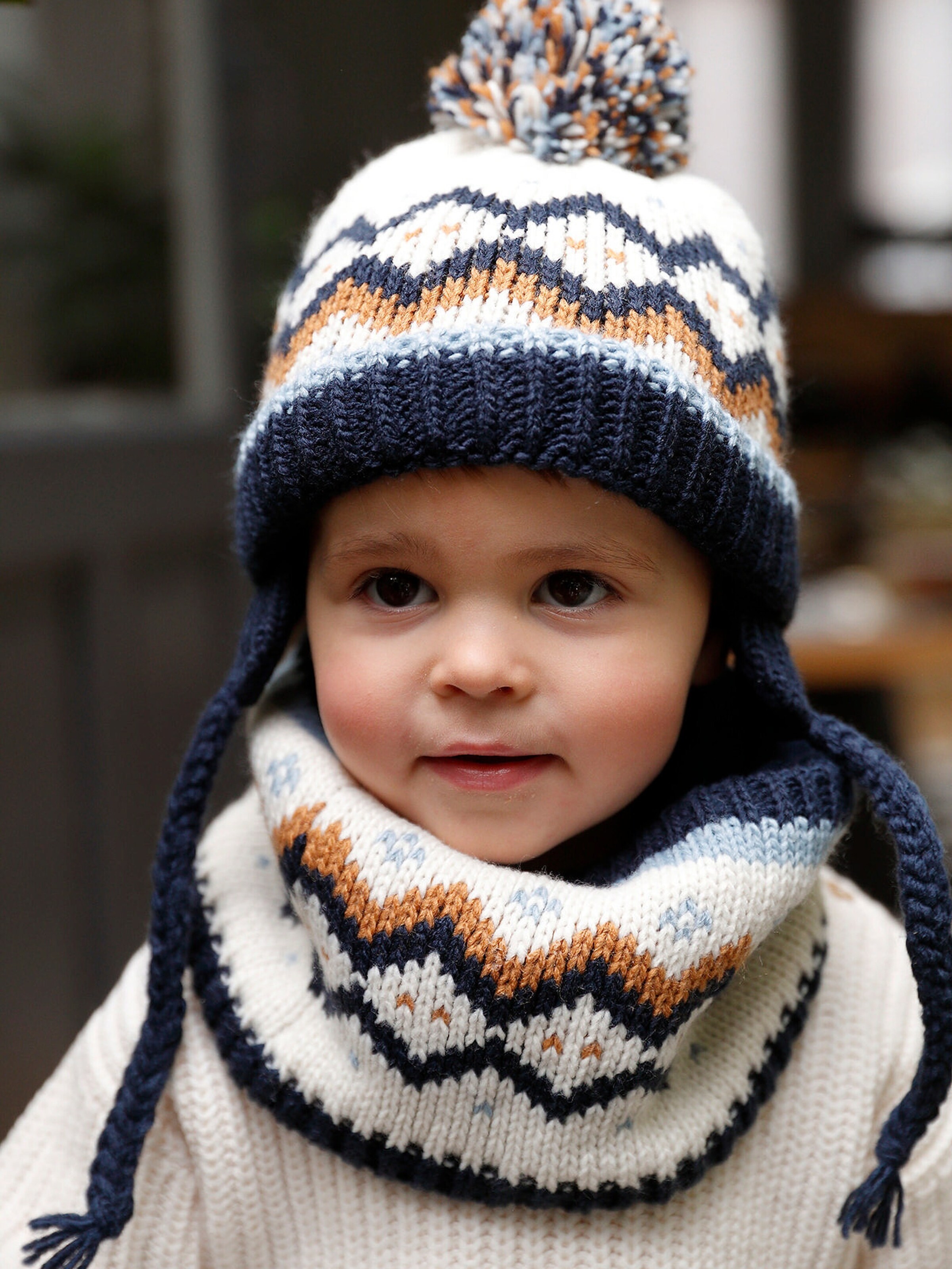 Vertbaudet Mädchen Baby-Set aus Jacquardstrick: Mütze mit Ohren, Rundschal & Fäustlinge marine