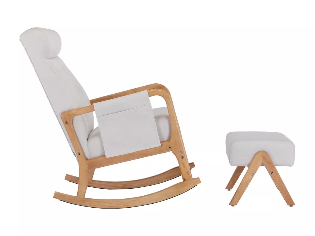 Fauteuil à bascule confortable avec ottoman, Rocking chair mousse avec rembourrage en lin, supporte 300 lb 65x85x94cm, Beige