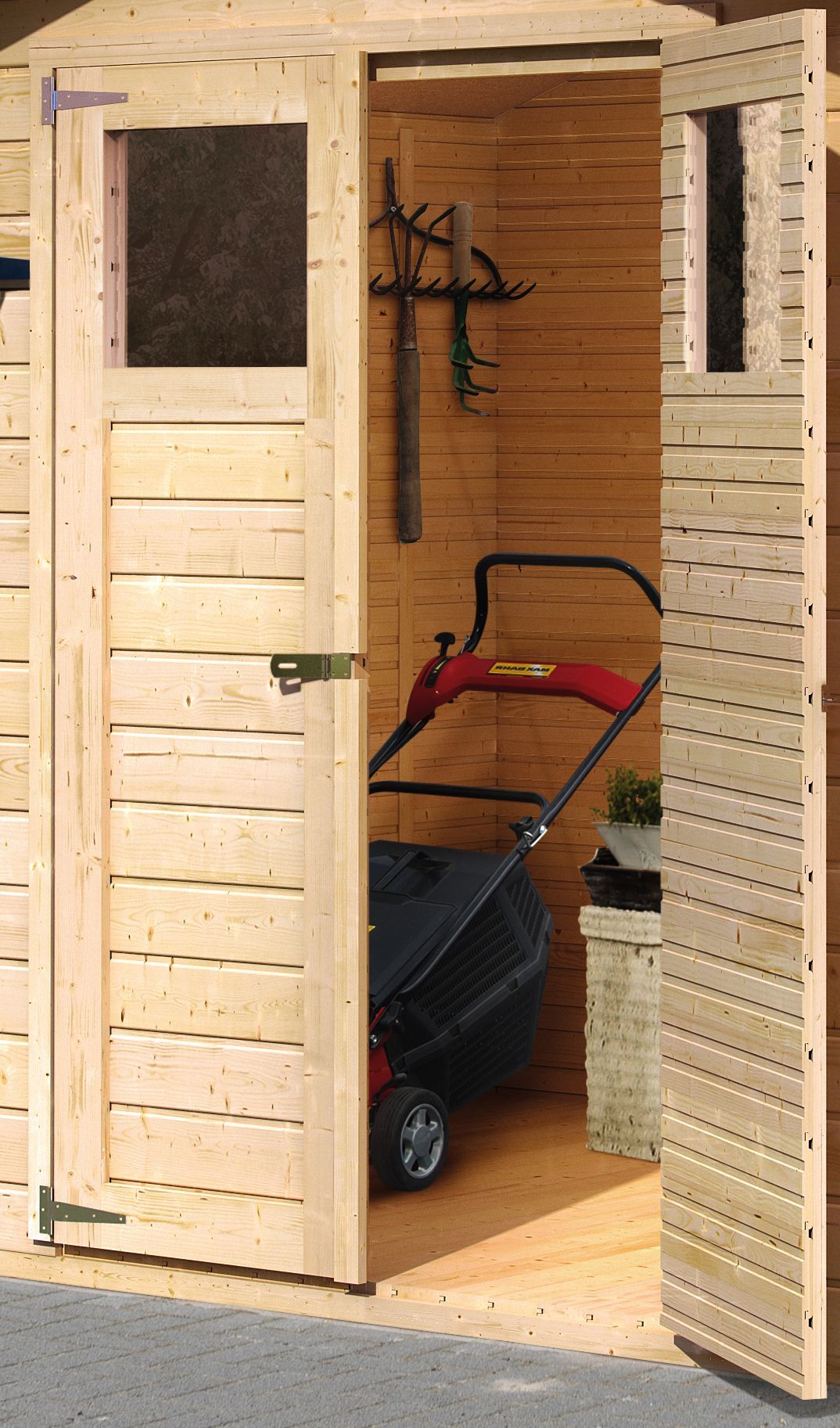 Karibu Holz Gartenhaus Hombach mit Anbaudach 14mm Wandstärke
